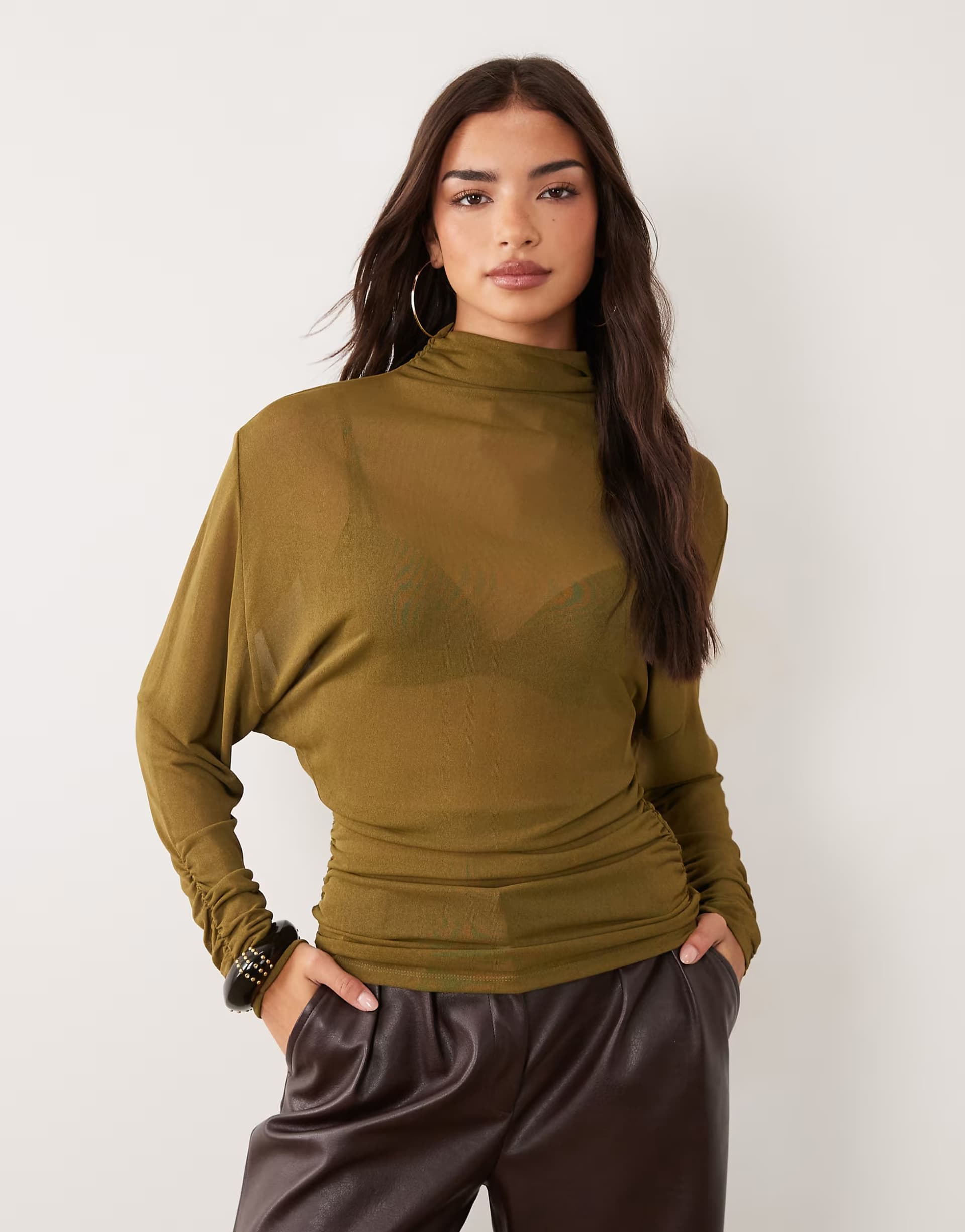 ASOS ASOS DESIGN sheer batwing high neck ruched sleeve top in olive