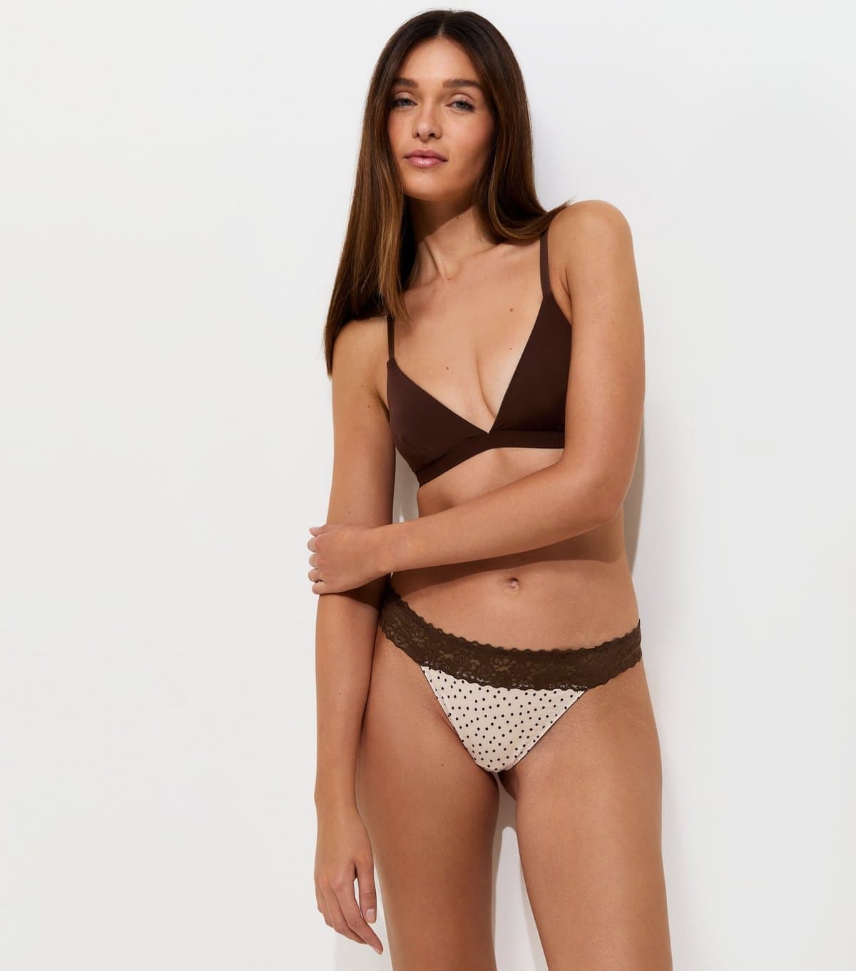 New Look Women's Dark Brown Polka Dot Microfibre Lace Top Thong New Look