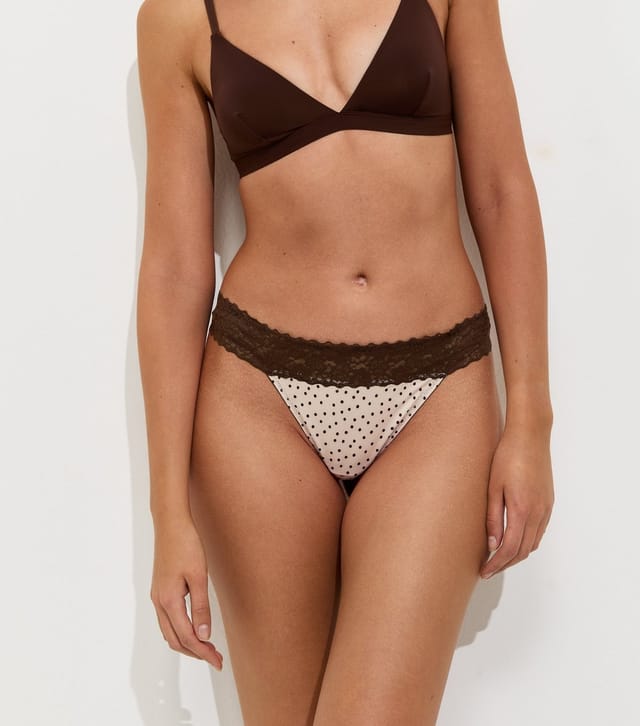 New Look Women's Dark Brown Polka Dot Microfibre Lace Top Thong New Look - 2