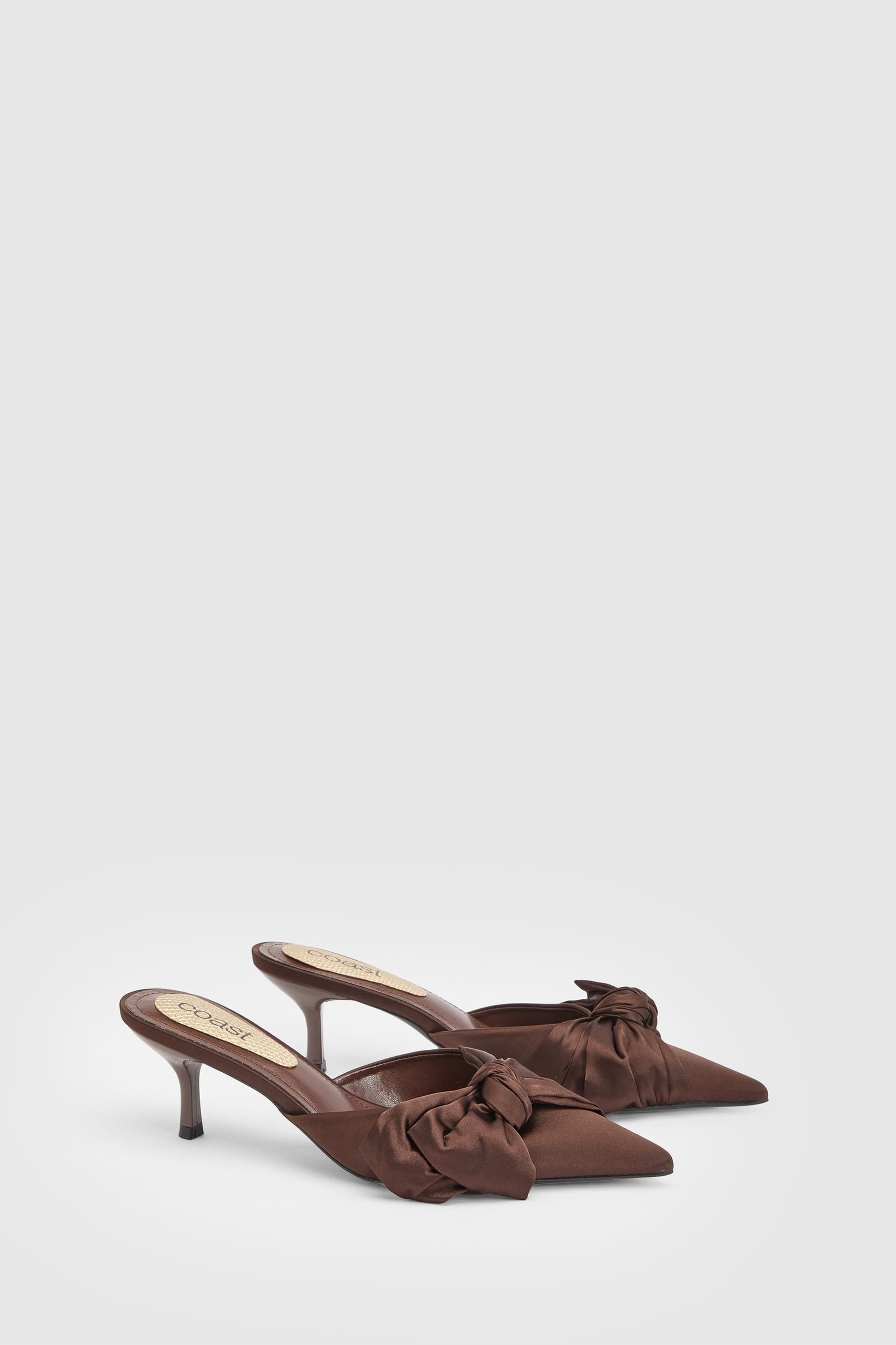 Coast Coast Women's Frieda Satin Bow Detail Low Stiletto Heel Mules in Brown