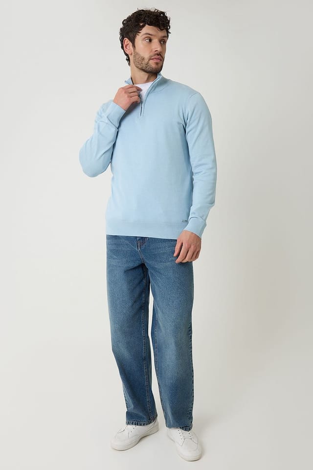 Threadbare Threadbare Men's Funnel Neck Quarter Zip Knitted Jumper in Light Blue - 3