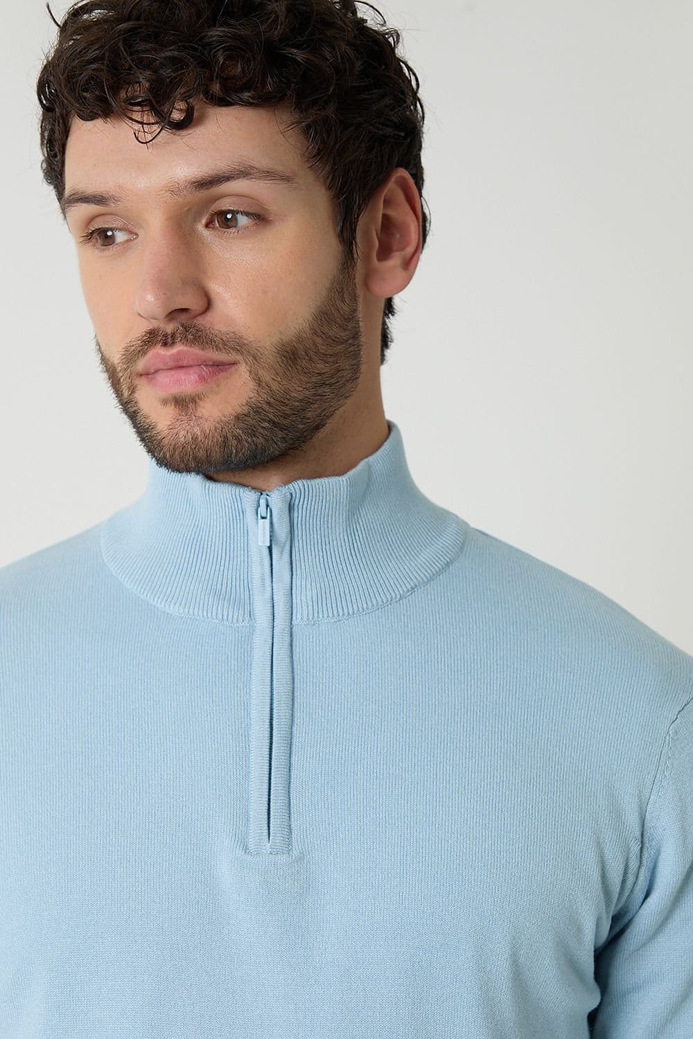 Threadbare Threadbare Men's Funnel Neck Quarter Zip Knitted Jumper in Light Blue - 4
