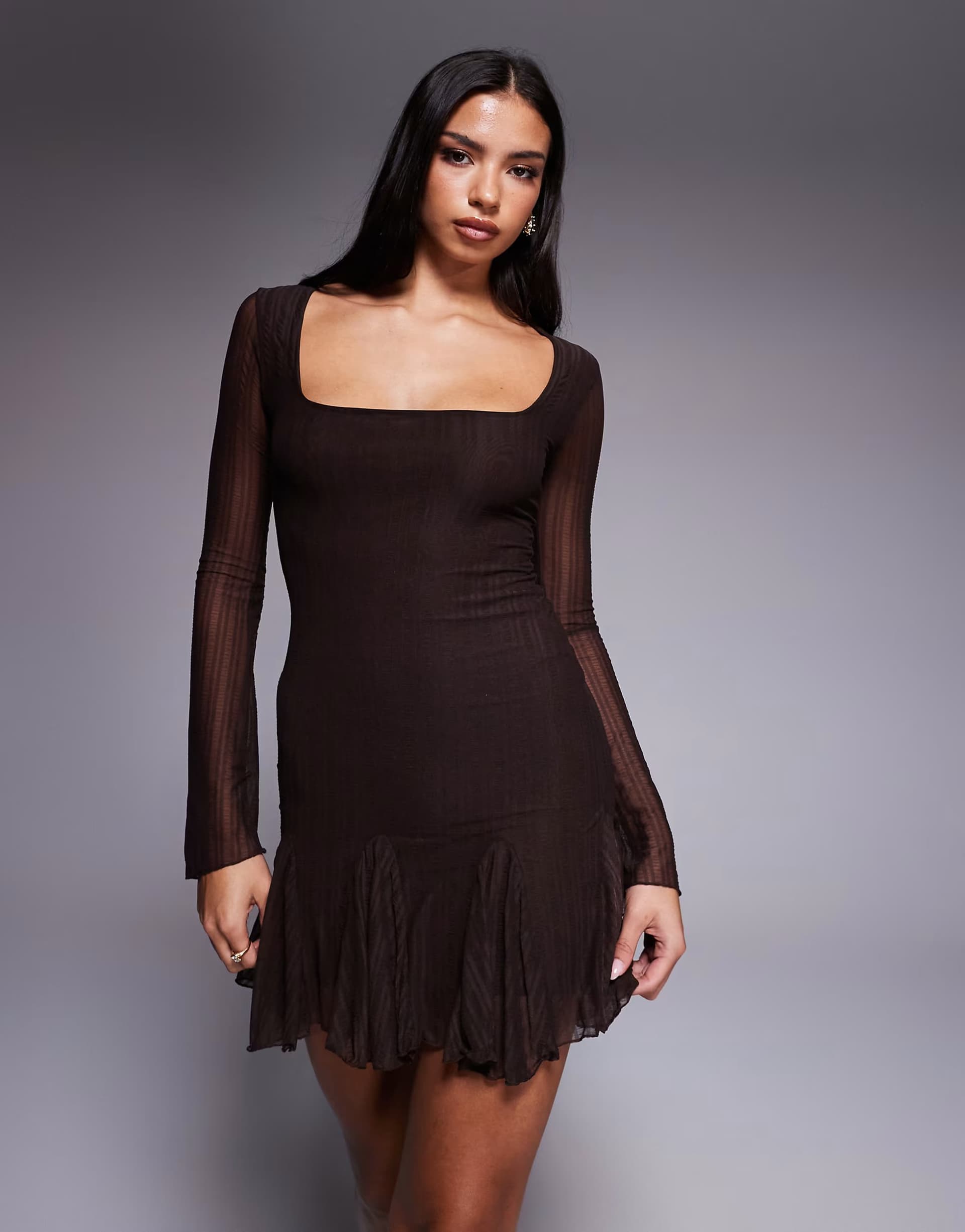 ASOS Kaiia exclusive textured slinky mesh long sleeve rara hem mini dress in chocolate