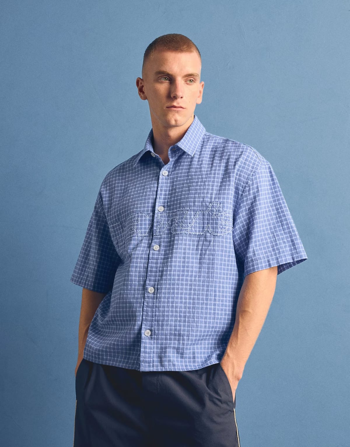 ASOS Bershka Short sleeve embroidered shirt in denim blue - 1