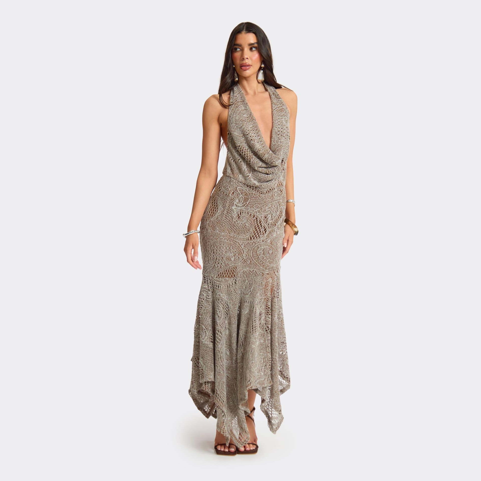 EGO Cowl Neck Asymmetrical Textured Midi Dress In Brown, Women's Size UK L