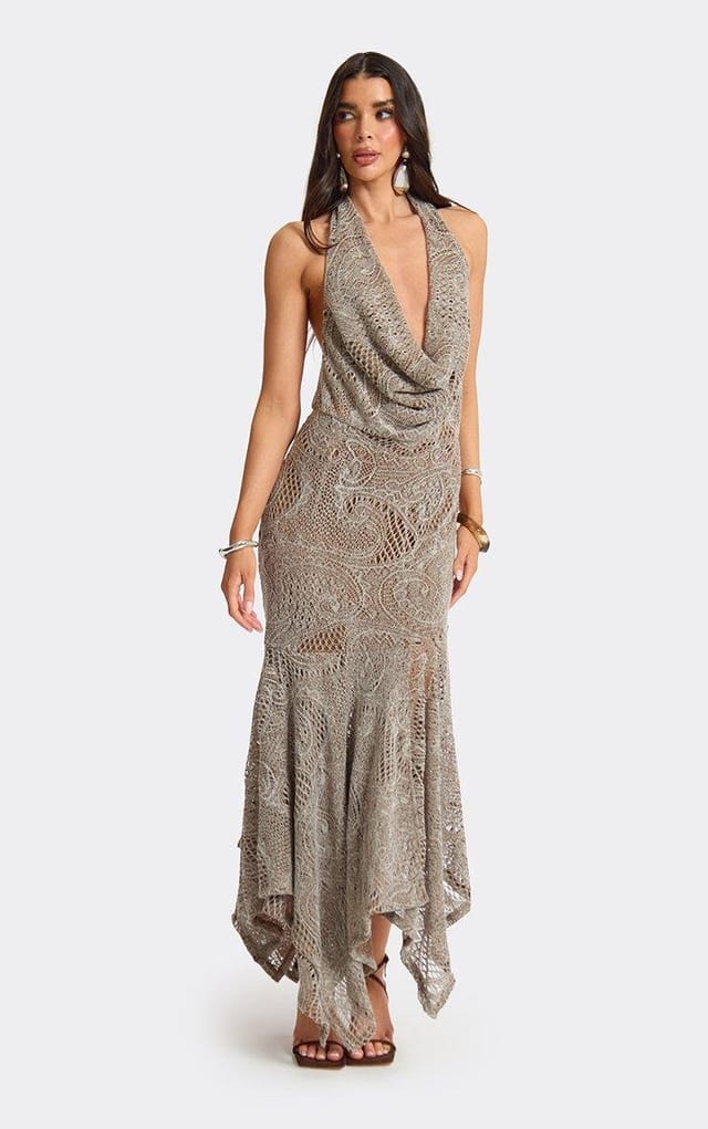 EGO Cowl Neck Asymmetrical Textured Midi Dress In Brown, Women's Size UK L - 2