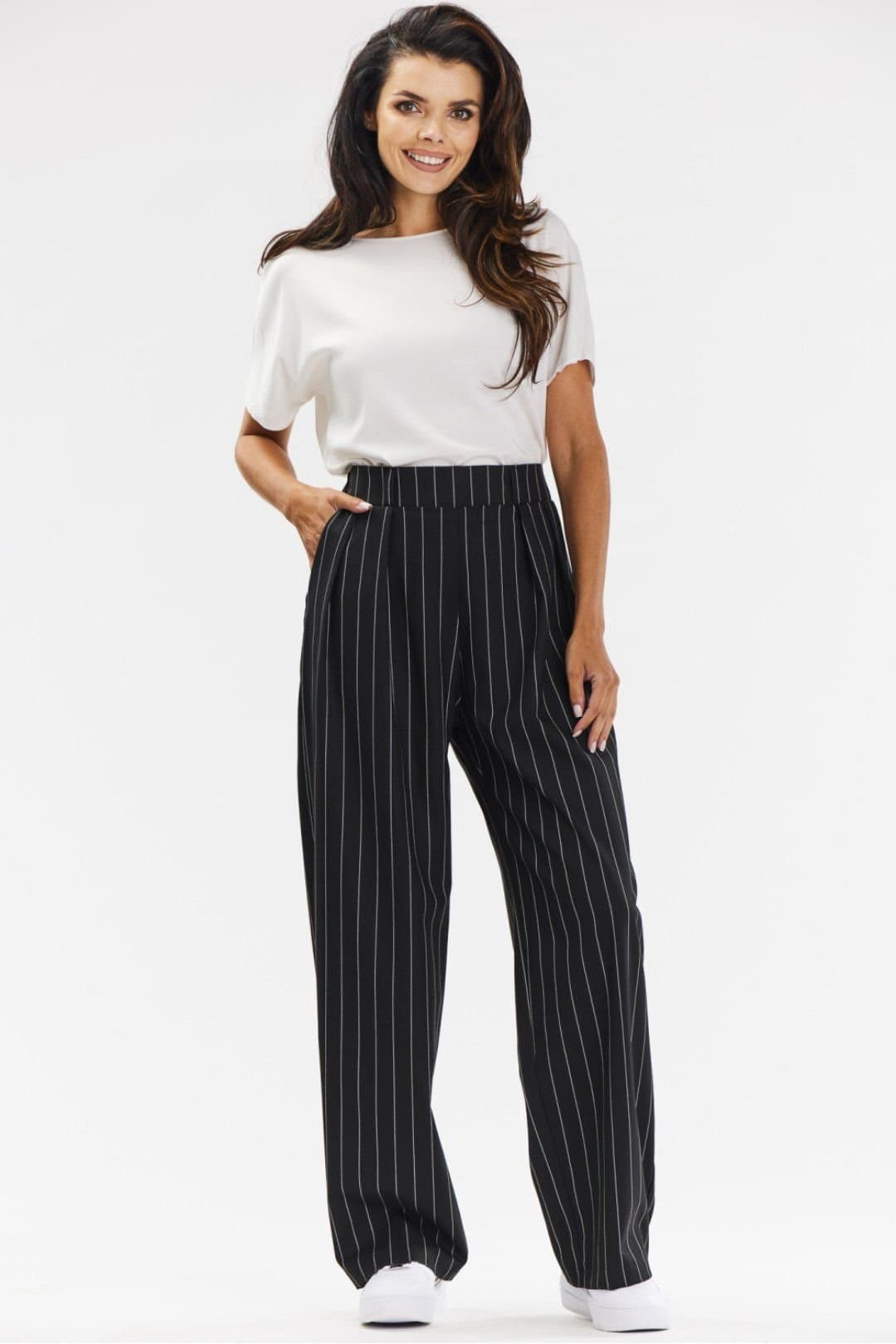 Love Lace Love Lace Women's Elegant Wide Leg Trousers with White Stripe in Black