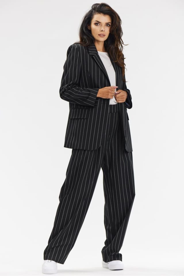 Love Lace Love Lace Women's Elegant Wide Leg Trousers with White Stripe in Black - 2