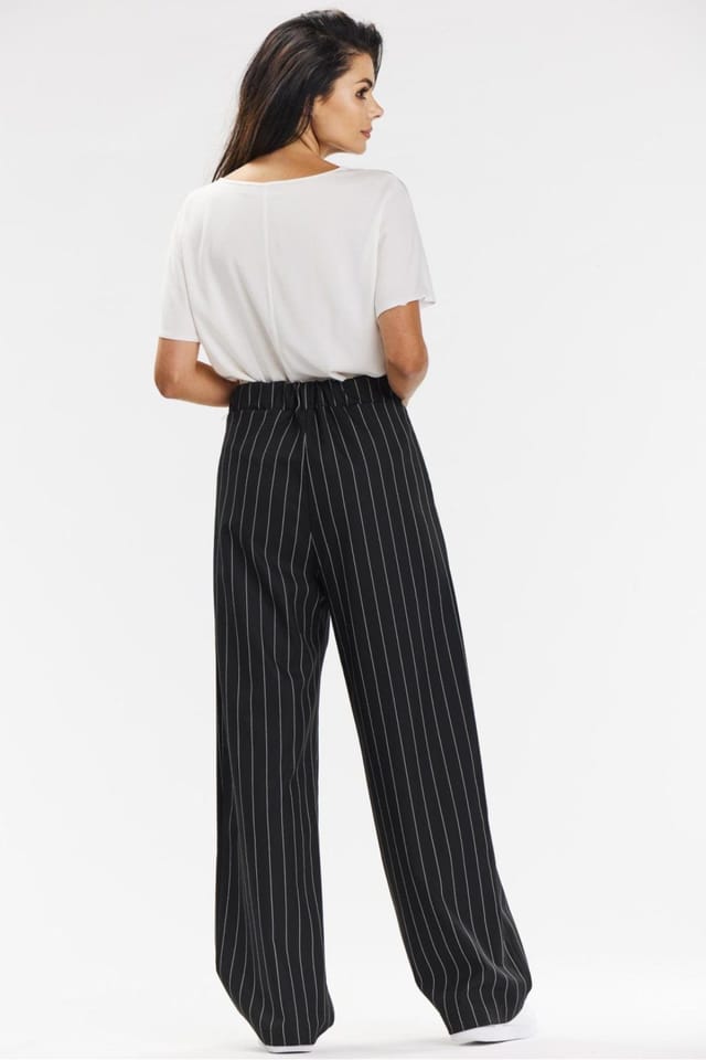 Love Lace Love Lace Women's Elegant Wide Leg Trousers with White Stripe in Black - 3