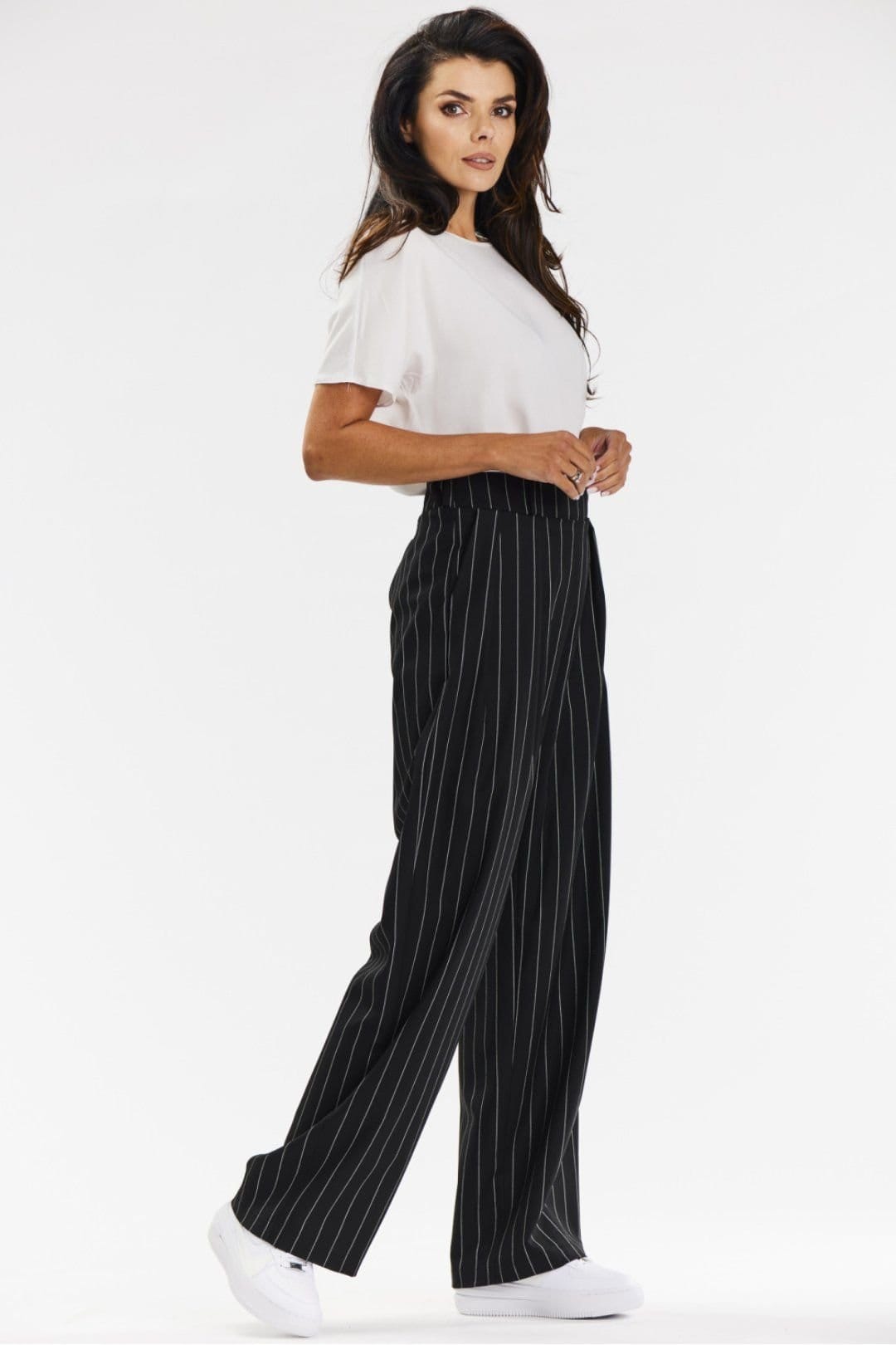 Love Lace Love Lace Women's Elegant Wide Leg Trousers with White Stripe in Black - 4