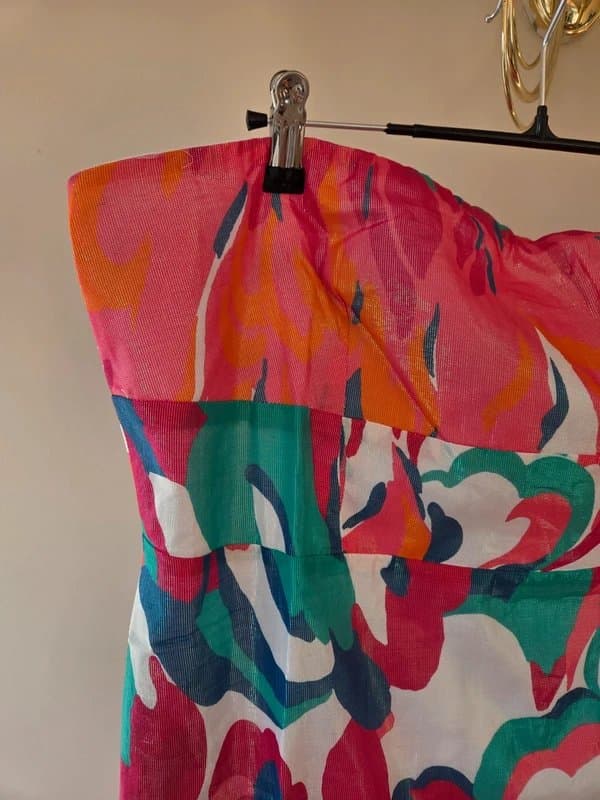 Closet London Sparkly and Shimmery Pink, Orange, Turquoise and White Floral / Swirl Pattern Strapless Dress