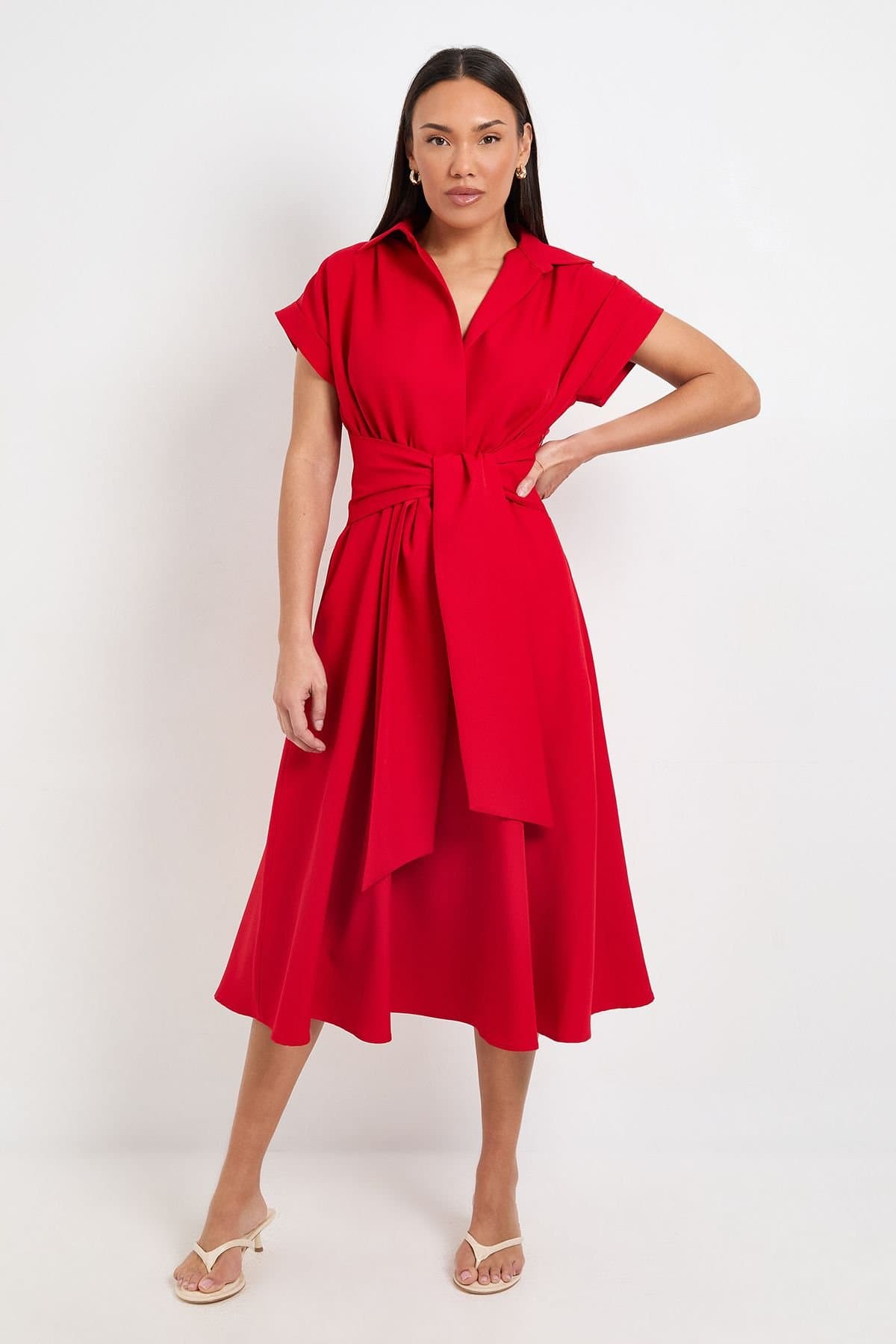 Principles Principles Women's Formal Front Tie Shirt Midi Dress in Red