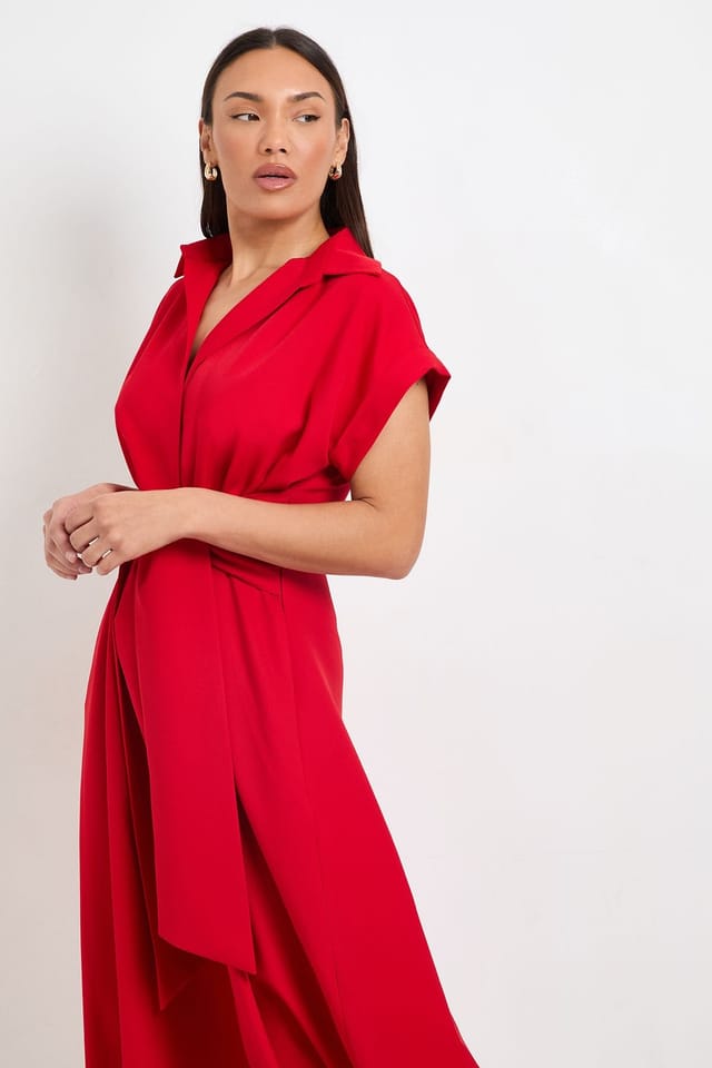 Principles Principles Women's Formal Front Tie Shirt Midi Dress in Red - 2