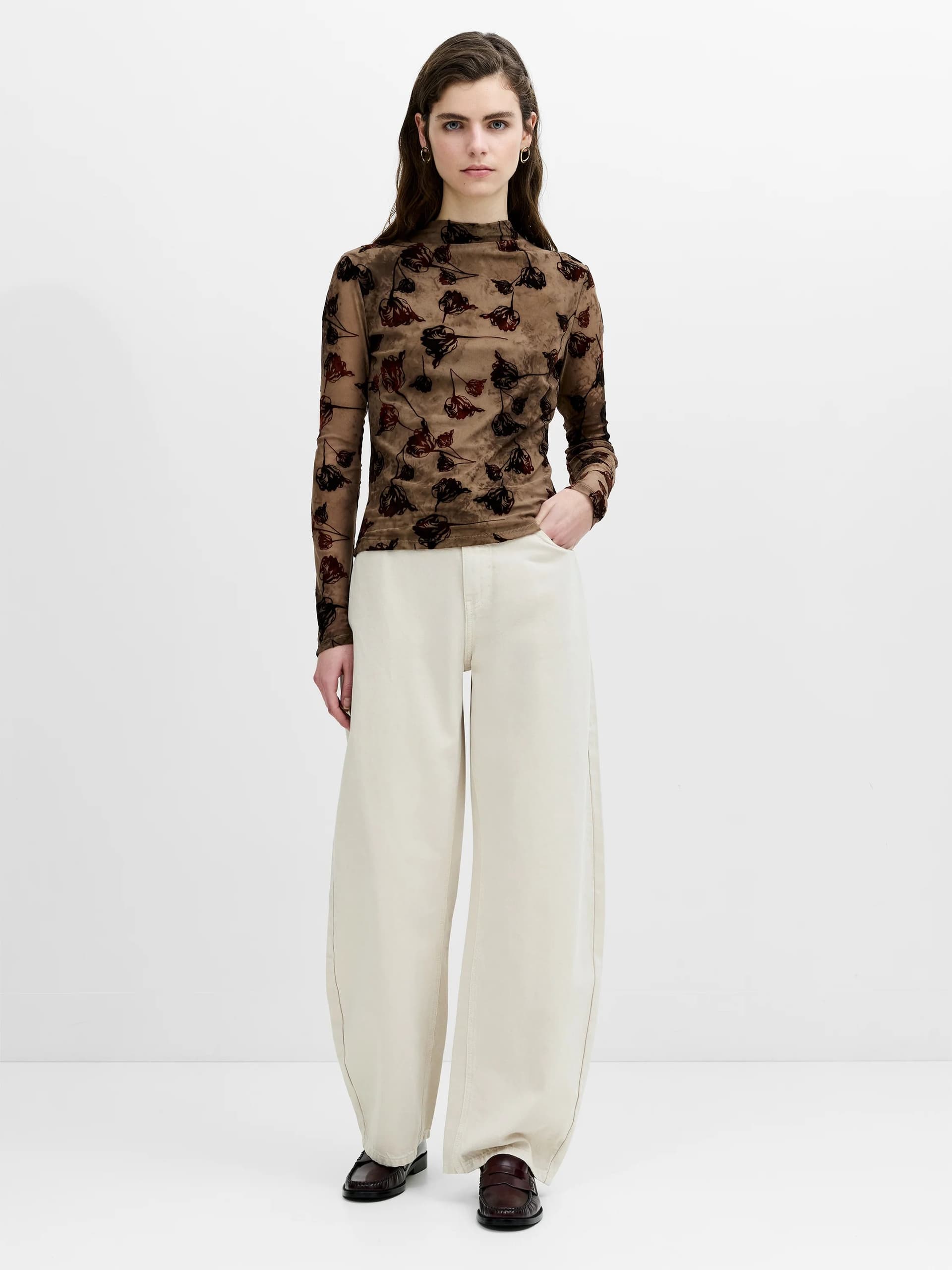 French Connection Tia Brown Floral Velvet Devoré Mesh Top Chocolate Brown