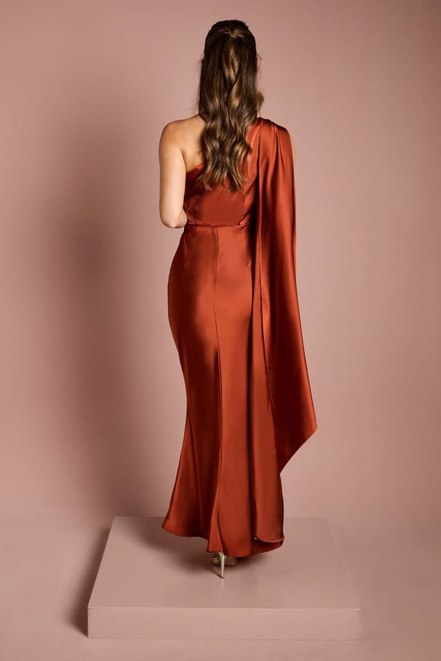 Coast Coast Women's One Shoulder Satin Maxi Bridesmaid Dress With Gold Trim in Copper - 3