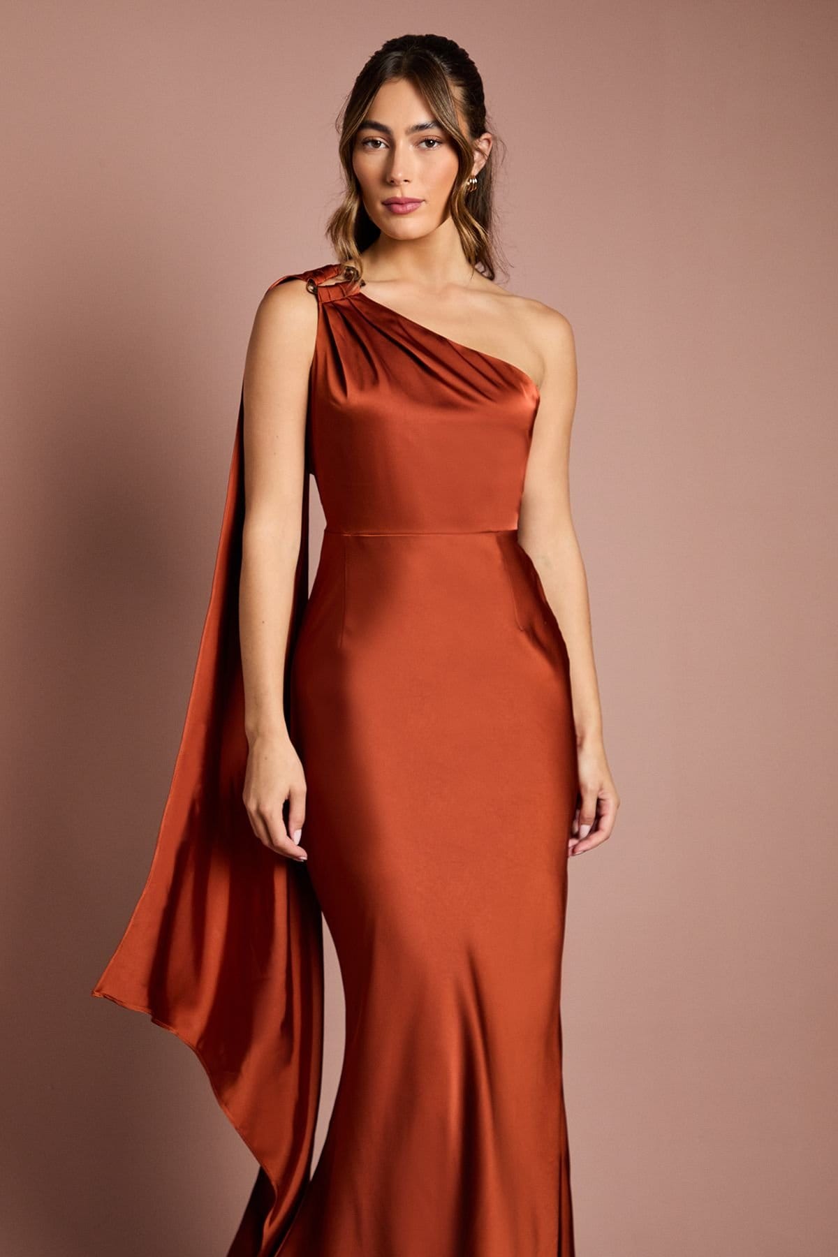 Coast Coast Women's One Shoulder Satin Maxi Bridesmaid Dress With Gold Trim in Copper - 4