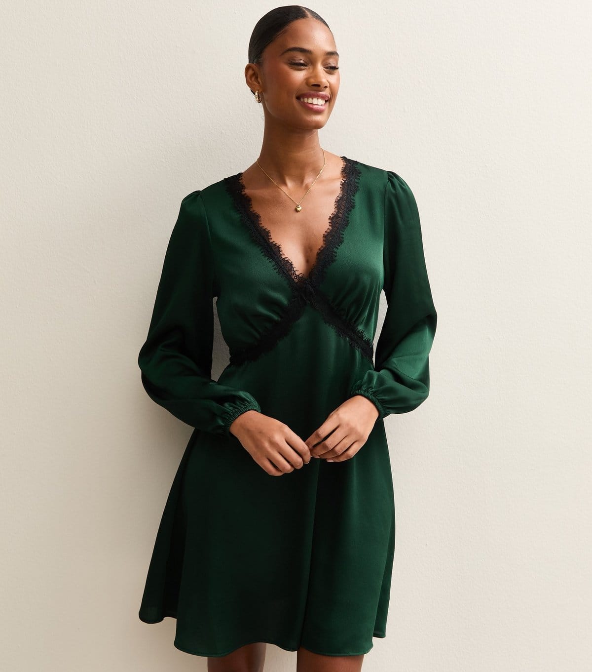 New Look Dark Green Textured Satin Lace Trim Mini Dress