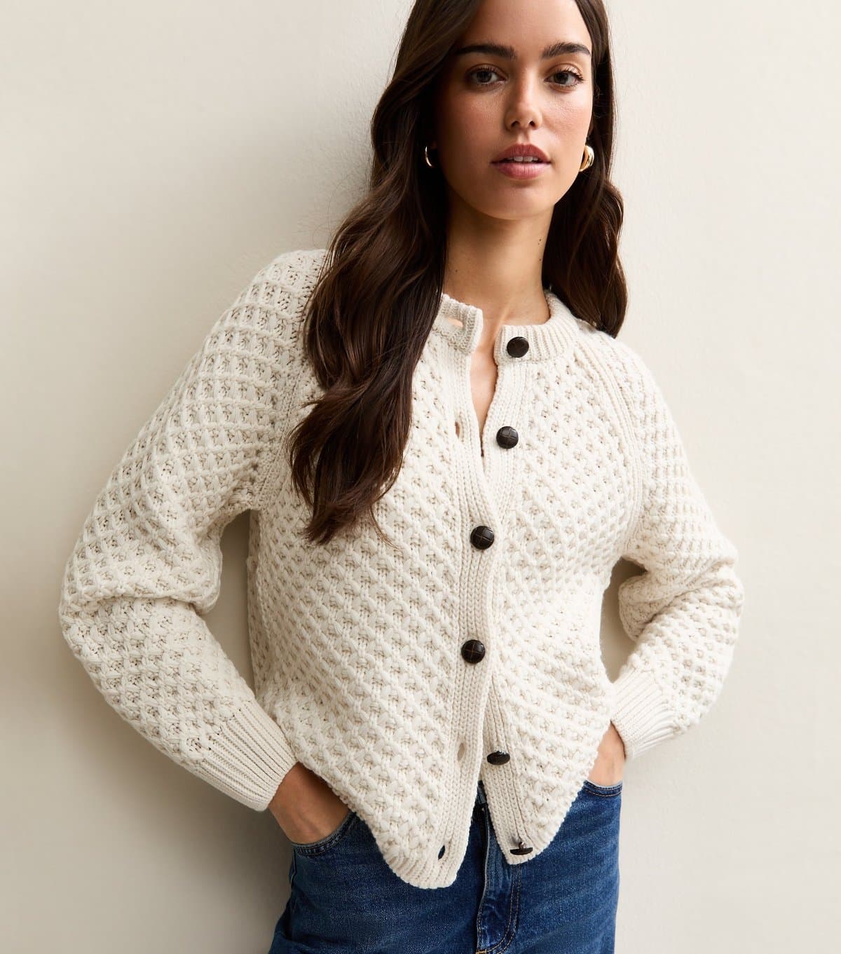 New Look Women's Cream Chunky Crew Neck Cardigan New Look
