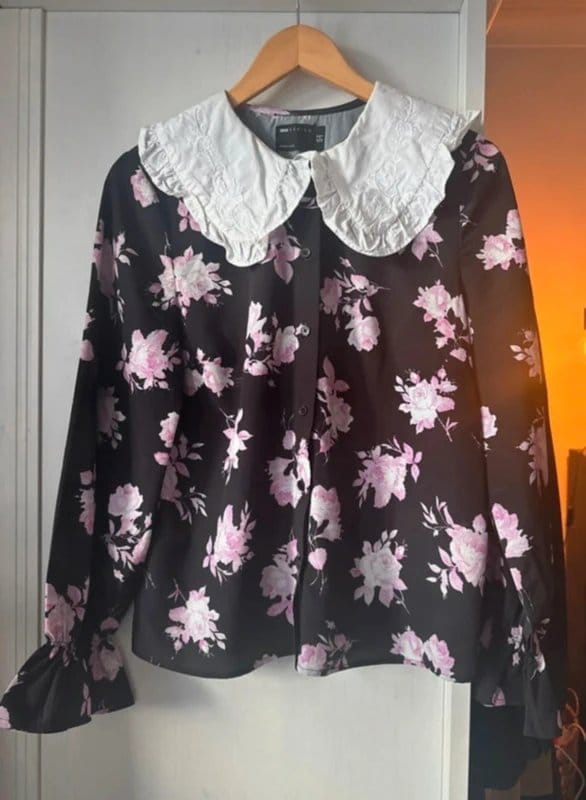 ASOS Women Black & Pink Floral Sheer Blouse - Oversized Cotton