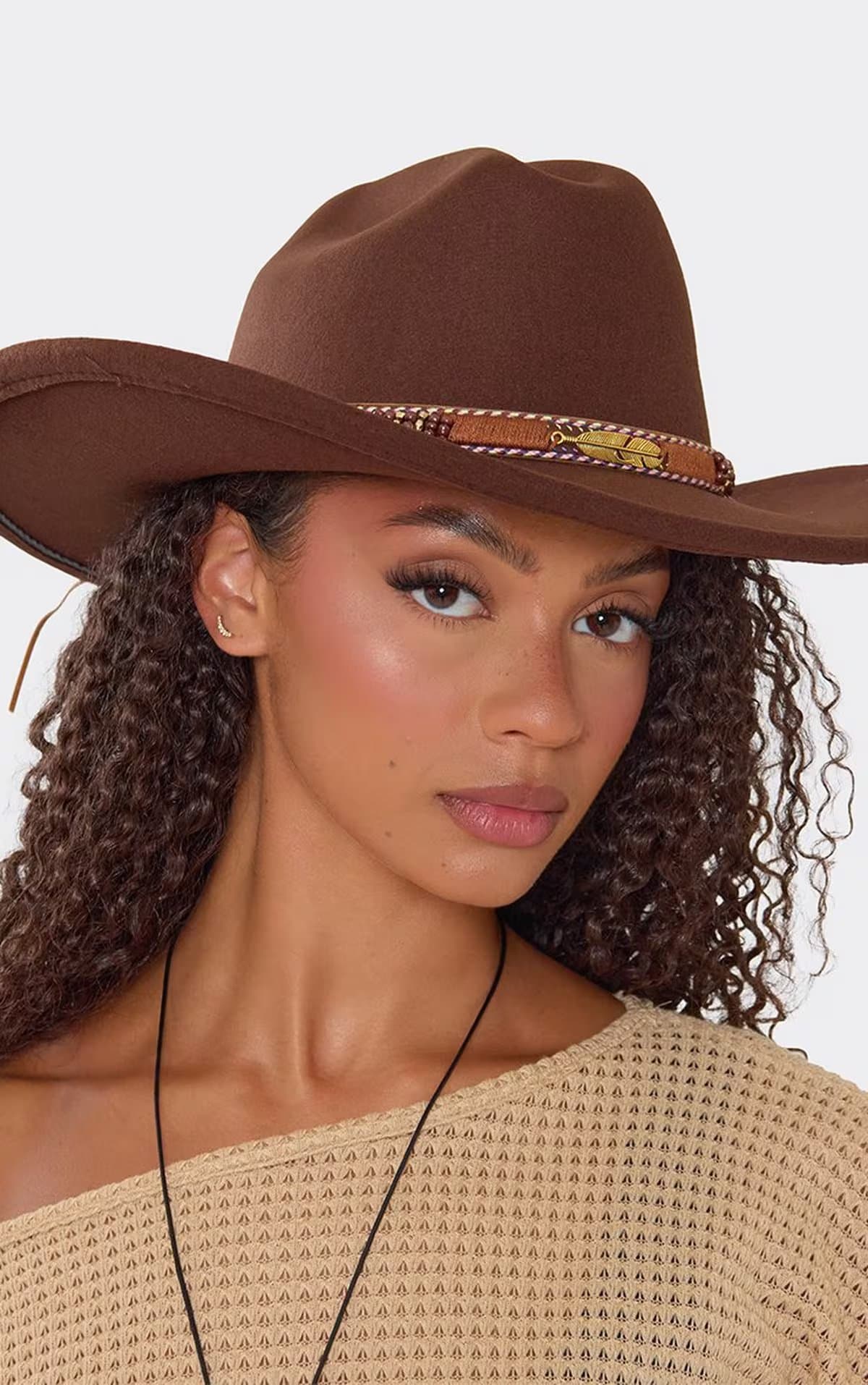 EGO Beaded Trim Detail Western Cowboy Hat In Brown Felt, Women's Size UK 0