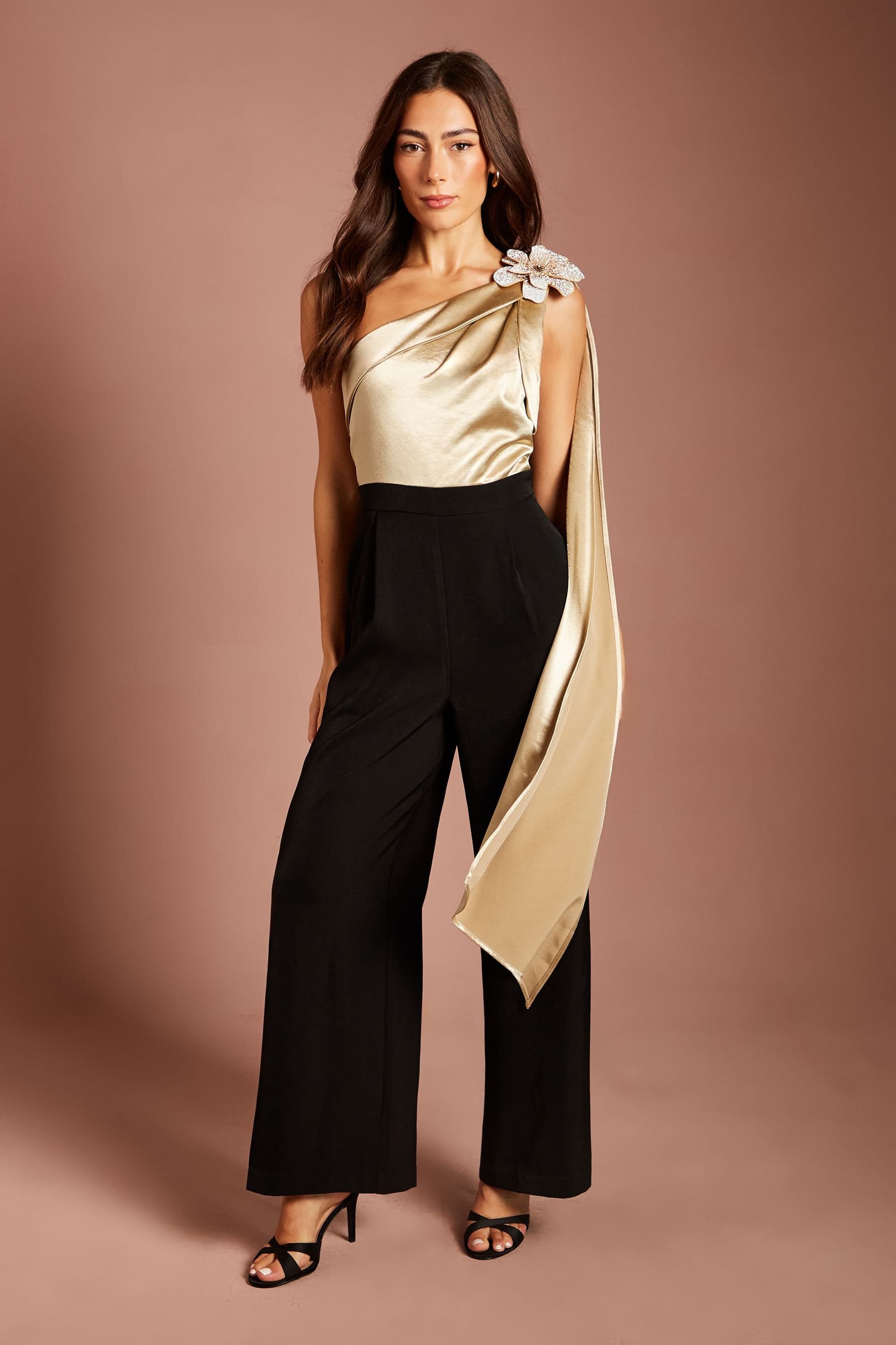 Coast Coast Women's One Shoulder Drape Corsage Detail Jumpsuit in Black