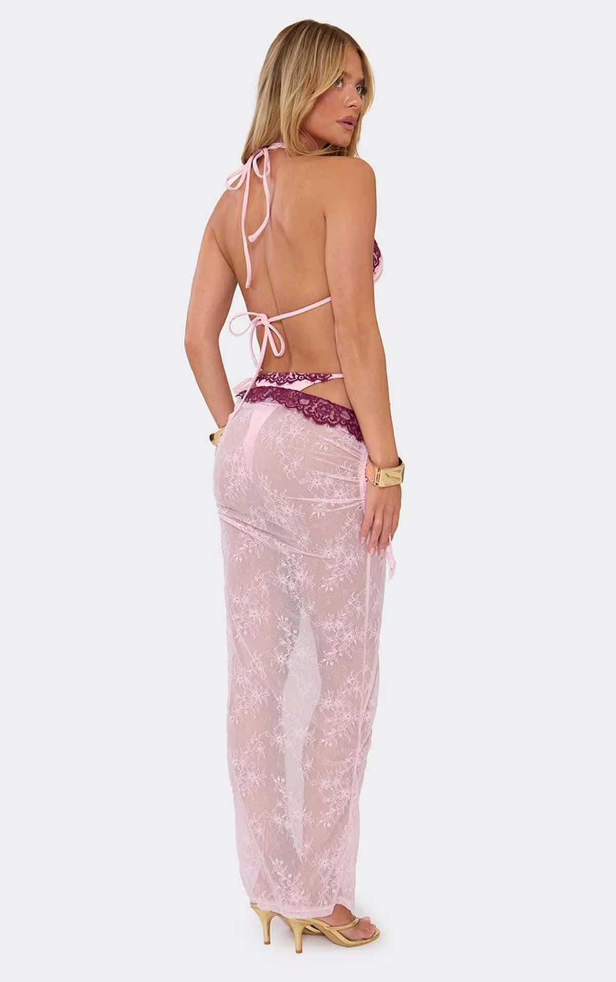 EGO Contrast Lace Trim Ruched Side Maxi Beach Skirt In Lilac Lace, Women's Size UK 6