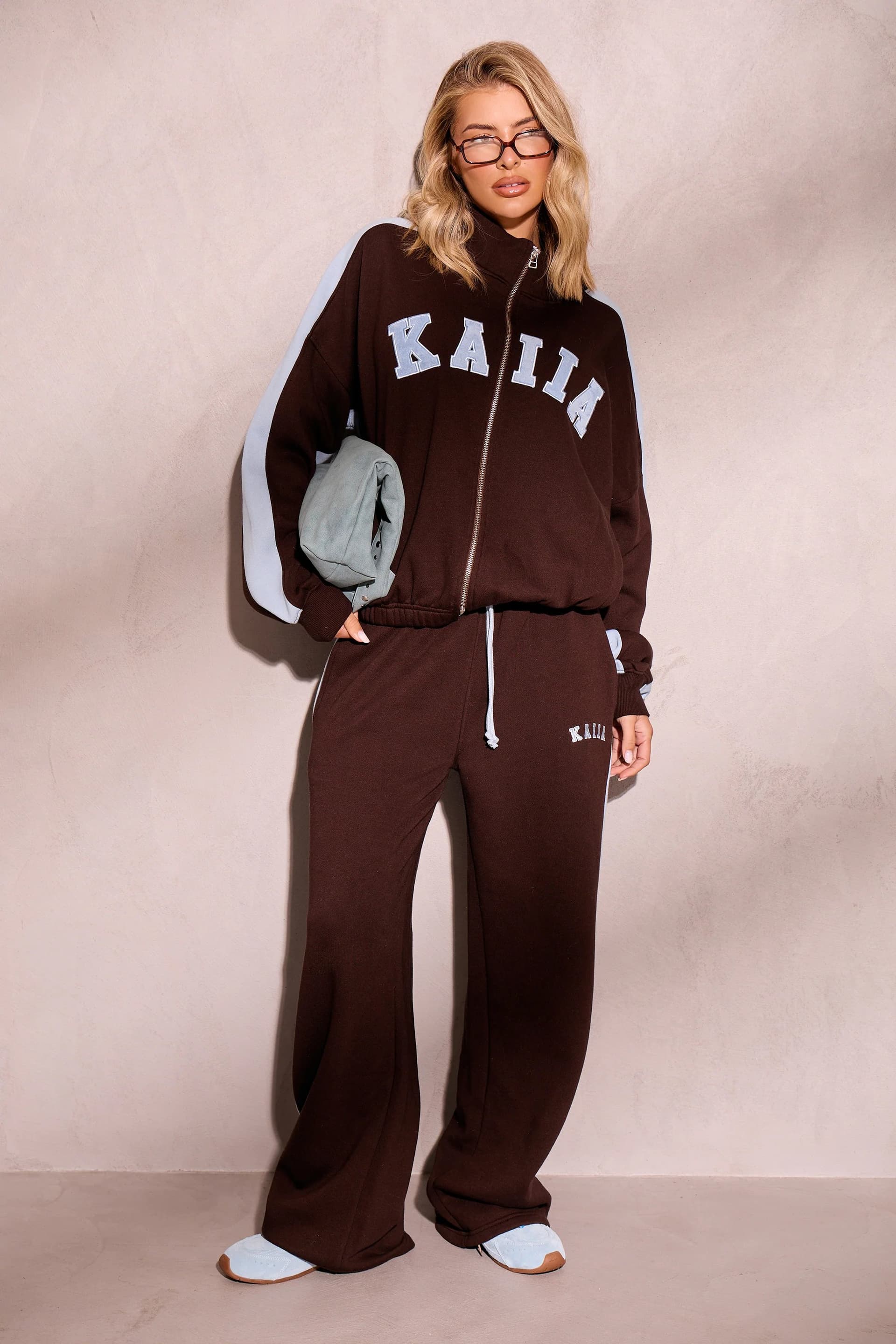 Kaiia Kaiia Sport Stripe Wide Leg Joggers Chestnut Brown & Dusty Blue