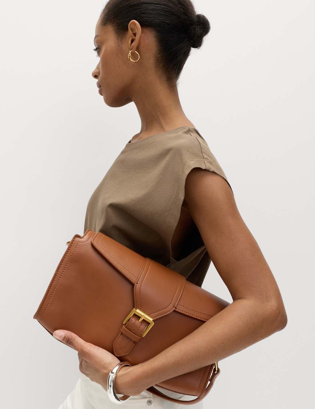 Marks & Spencer M&S Pure Cotton Cap Sleeve T-Shirt Olive - 3