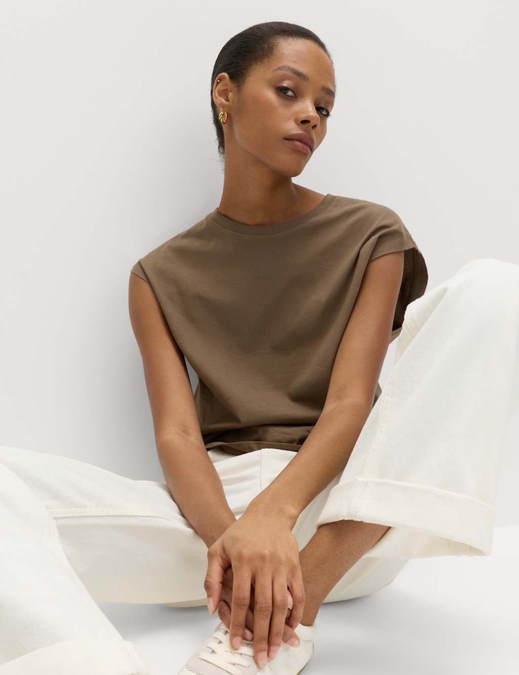 Marks & Spencer M&S Pure Cotton Cap Sleeve T-Shirt Olive - 4