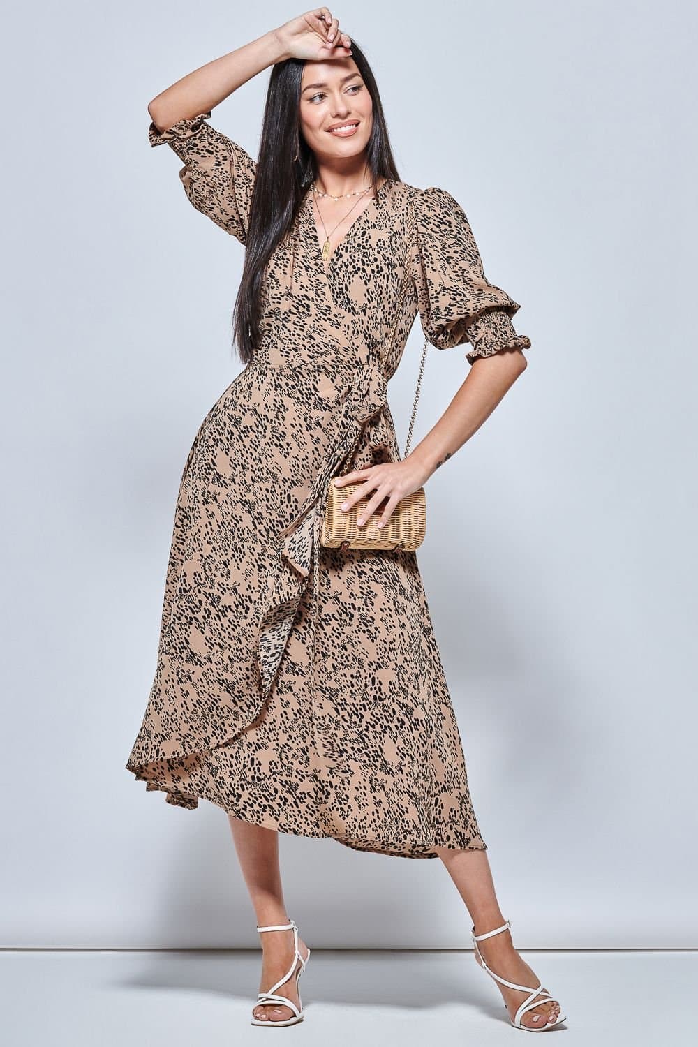 Jolie Moi Jolie Moi Women's Animal Print Crepe Wrap Midi Dress in Stone