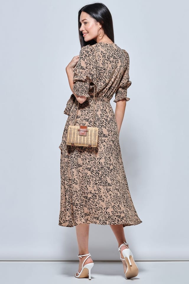 Jolie Moi Jolie Moi Women's Animal Print Crepe Wrap Midi Dress in Stone - 2