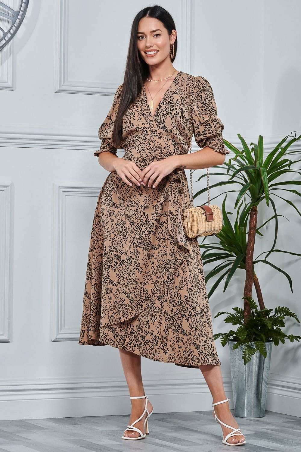 Jolie Moi Jolie Moi Women's Animal Print Crepe Wrap Midi Dress in Stone - 4