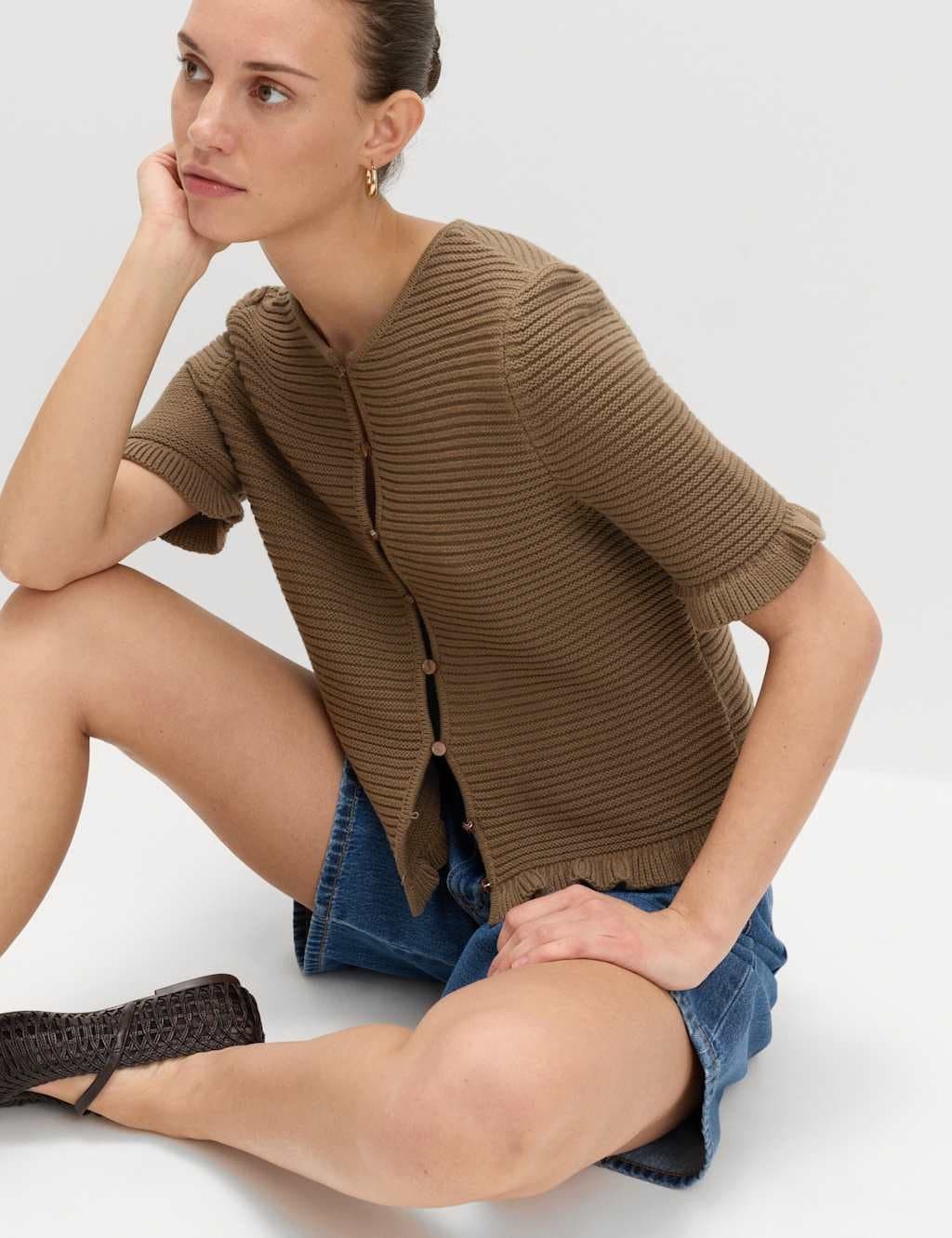 Marks & Spencer M&S Cotton Rich Ruffle Detail Cardigan Olive