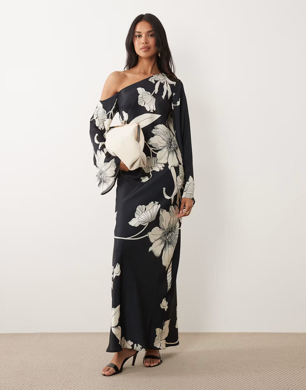 ASOS ASOS DESIGN fallen shoulder long sleeve column maxi dress in mono floral print - 1
