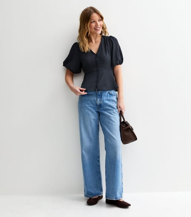 New Look Women's Navy Buttoned Puff Sleeve Tea Blouse New Look - 3