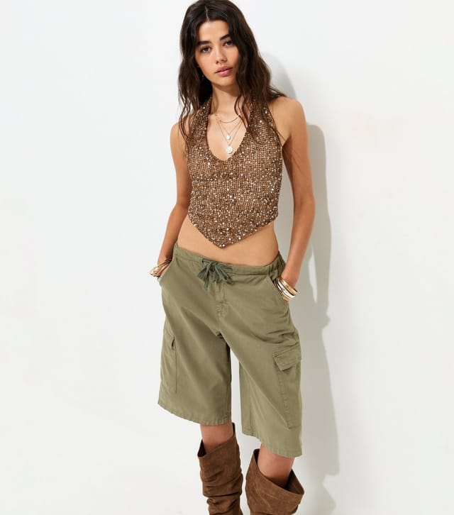 New Look Women's Light Brown Woven Sequin Embellished Handkerchief Hem Halter Neck Top New Look - 2