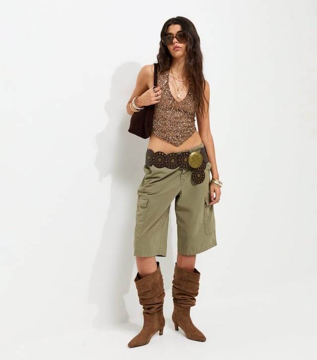 New Look Women's Light Brown Woven Sequin Embellished Handkerchief Hem Halter Neck Top New Look - 3