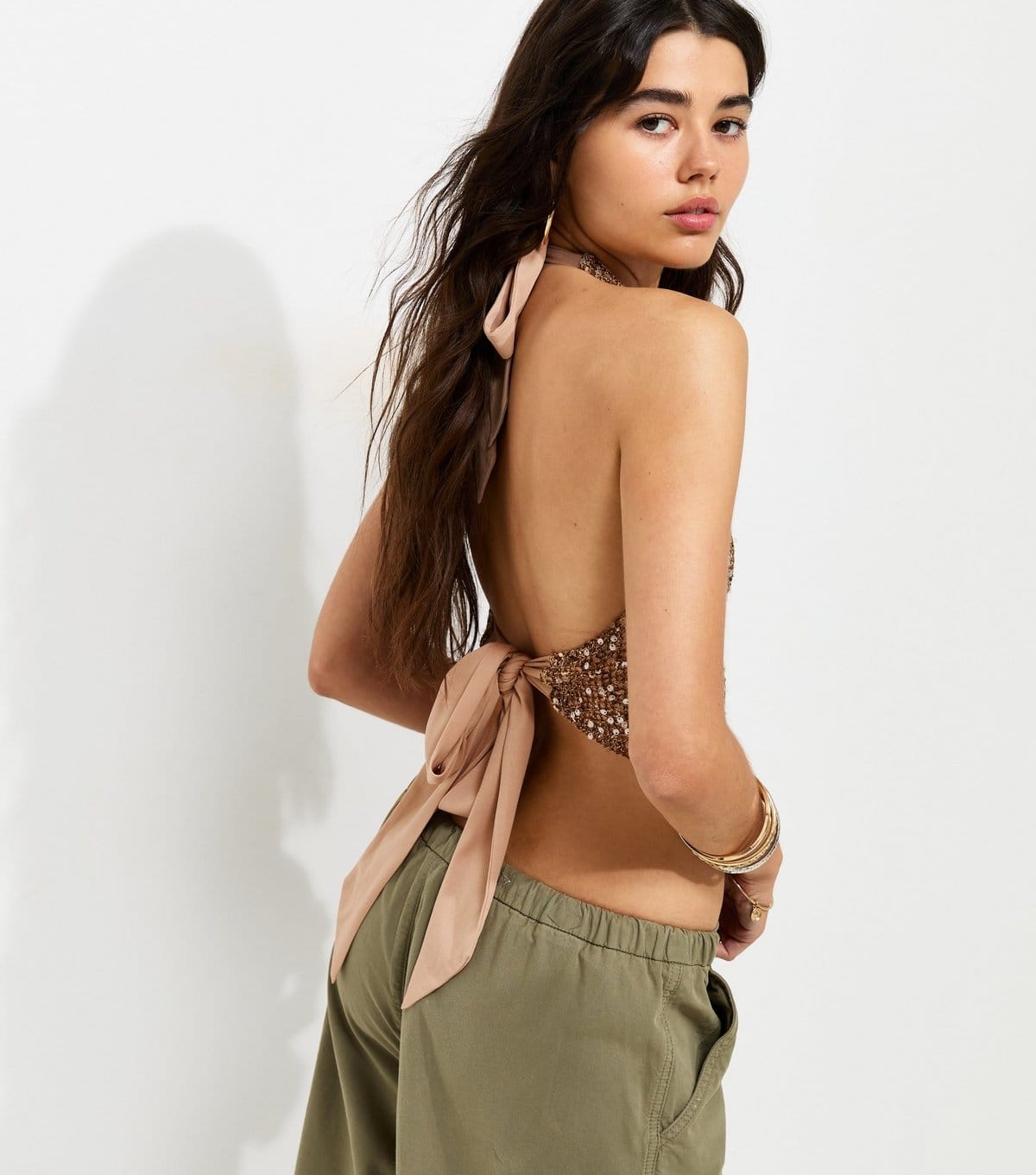 New Look Women's Light Brown Woven Sequin Embellished Handkerchief Hem Halter Neck Top New Look - 4