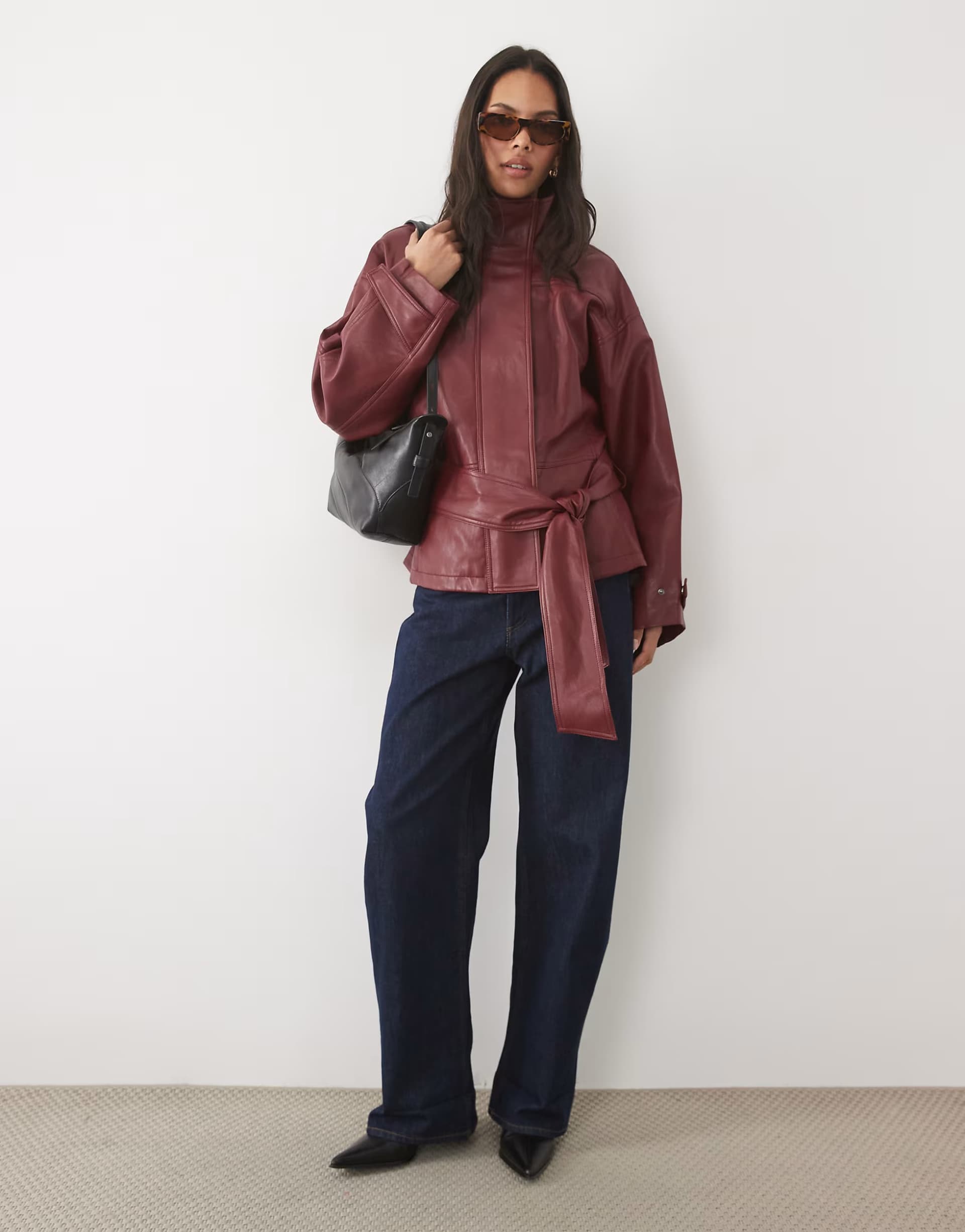 ASOS Mango faux leather funnel neck belted jacket in berry