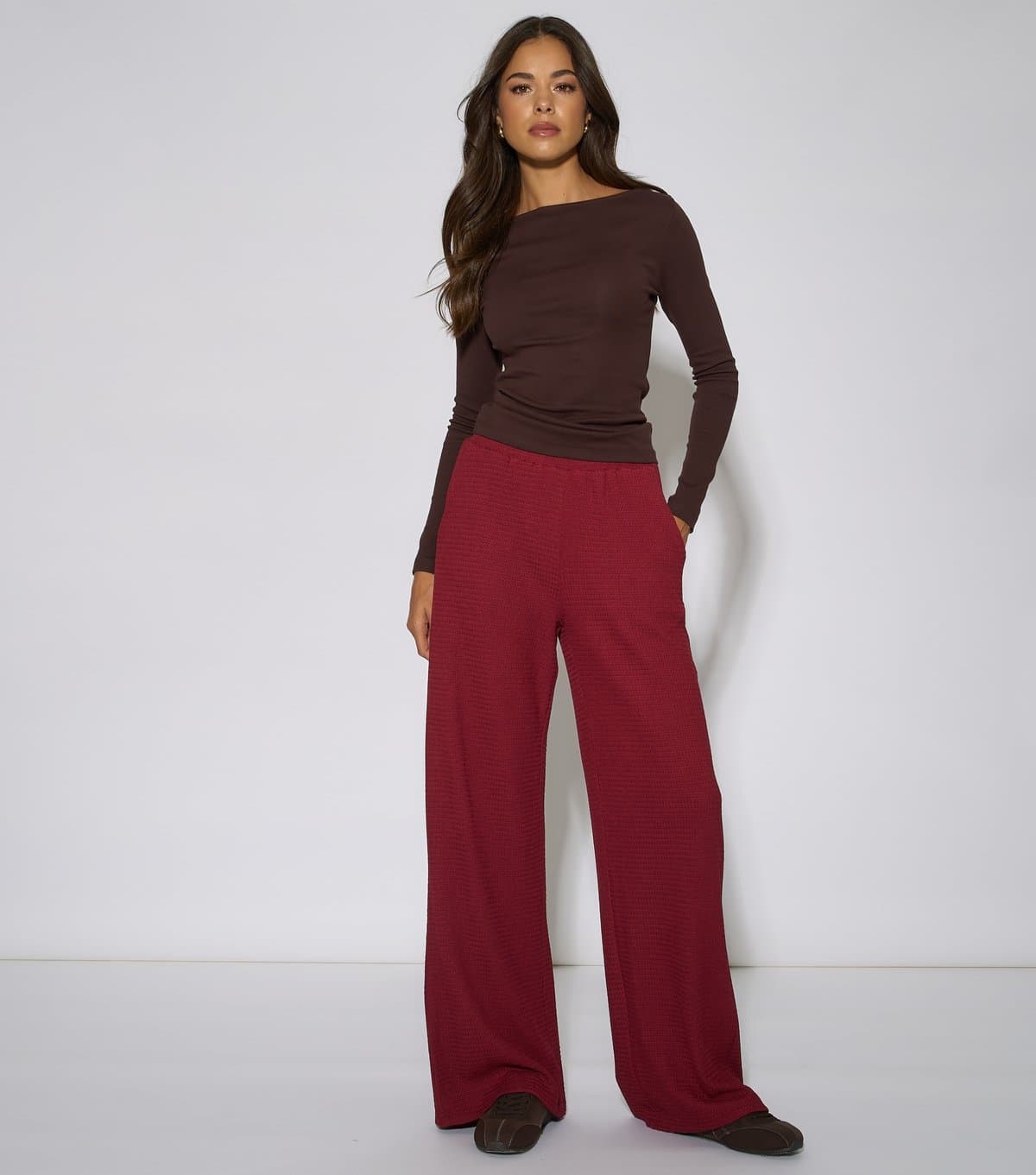 Gini London Women's Dark Red Textured Wide Leg Trousers Gini London New Look