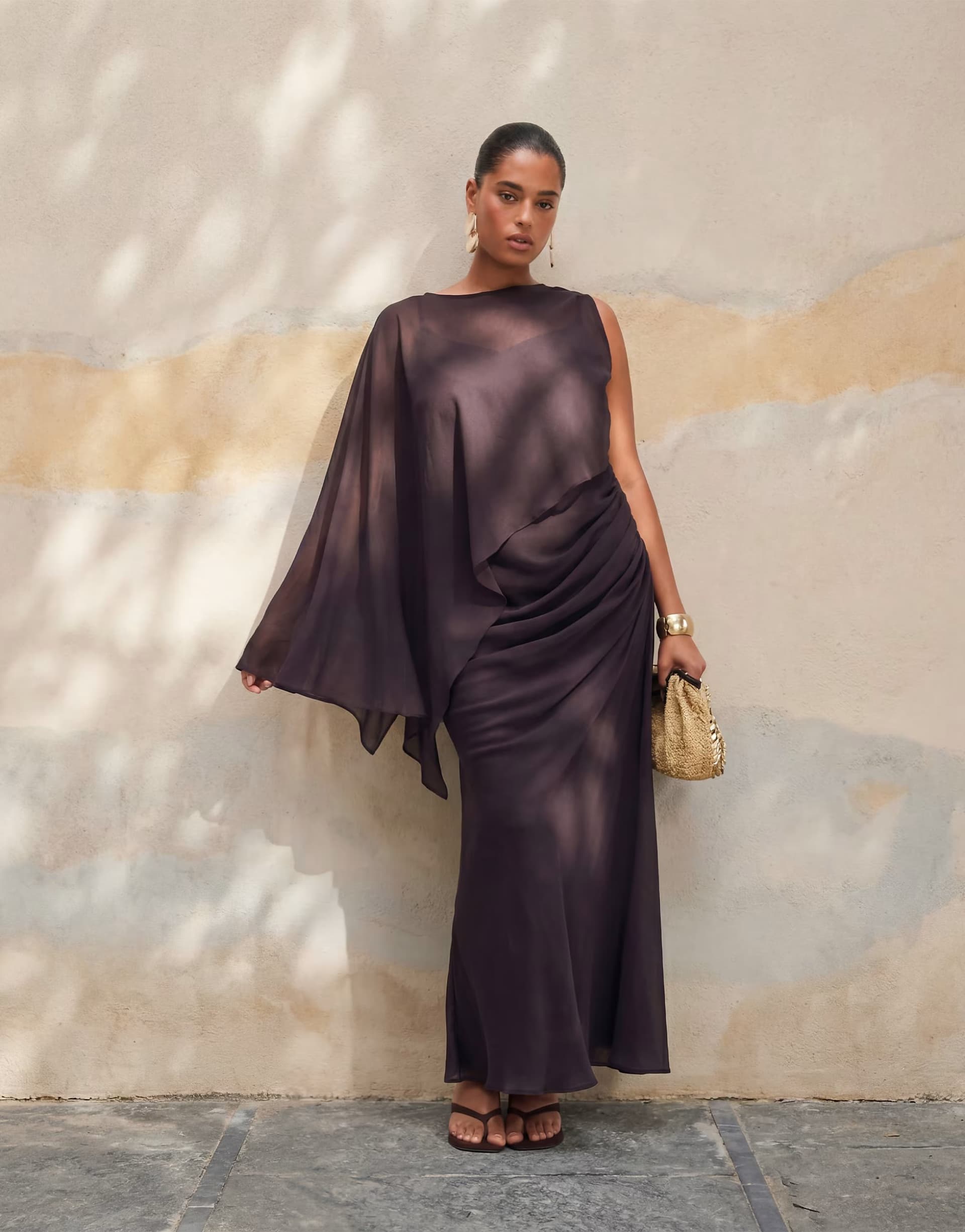 ASOS ASOS DESIGN Curve draped batwing asymmetric one sleeve maxi dress in dark chocolate