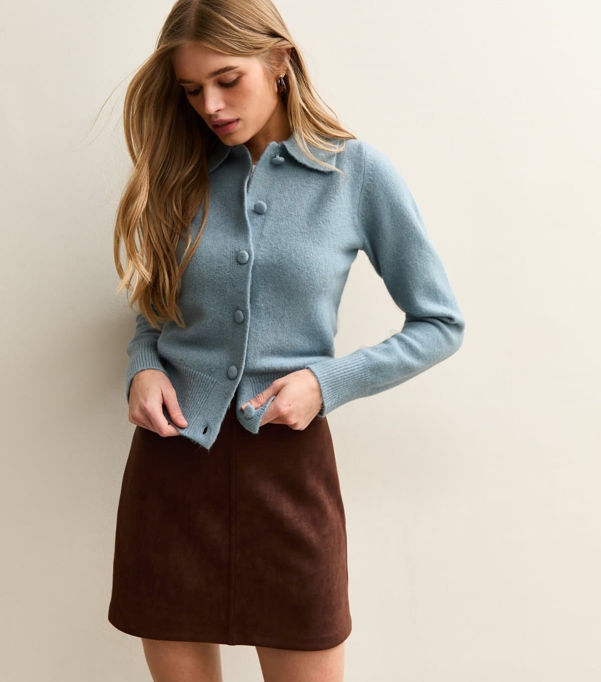 New Look Women's Light Blue Midweight Knit Collared Cardigan New Look