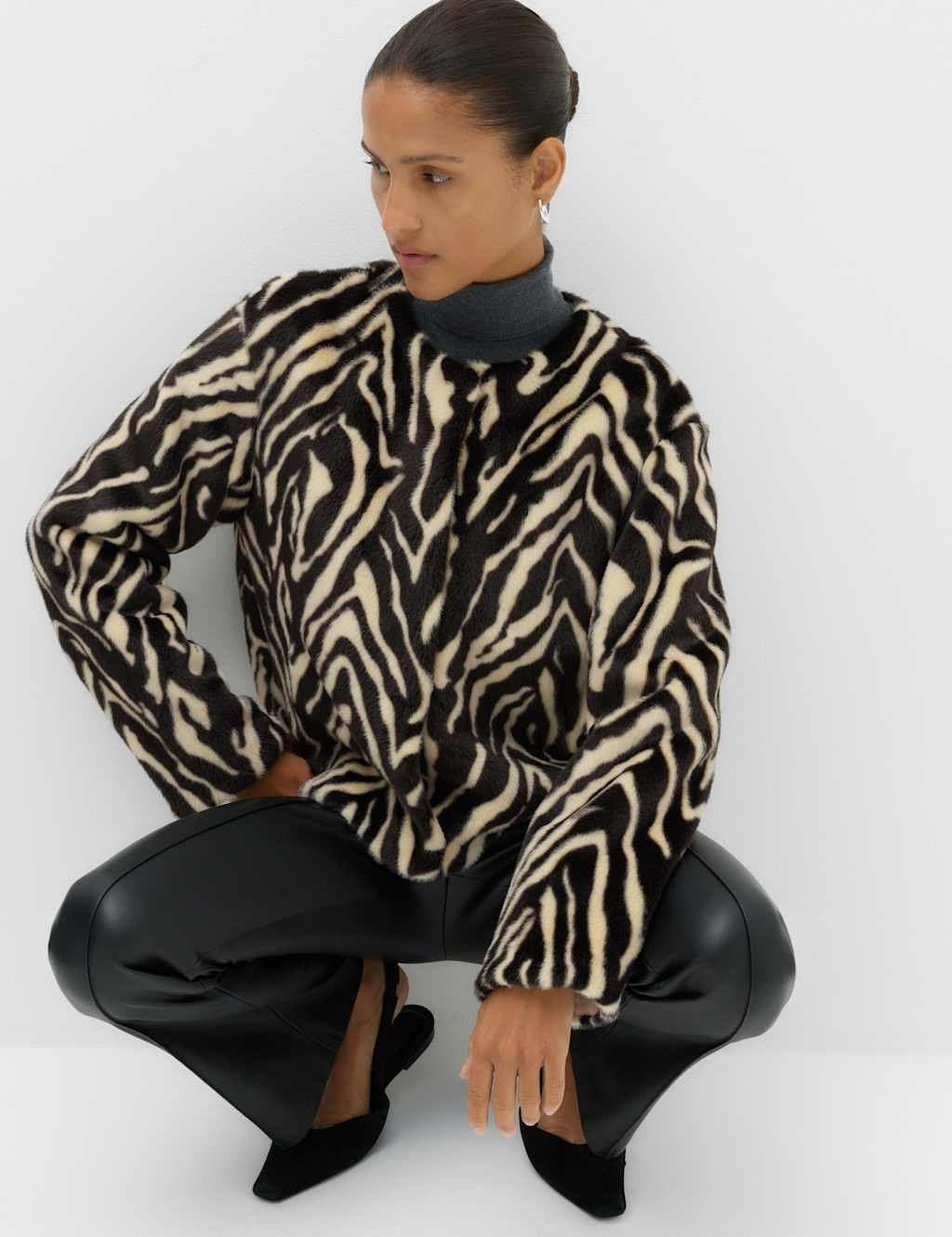 Marks & Spencer M&S Faux Fur Zebra Print Short Jacket Ivory Mix