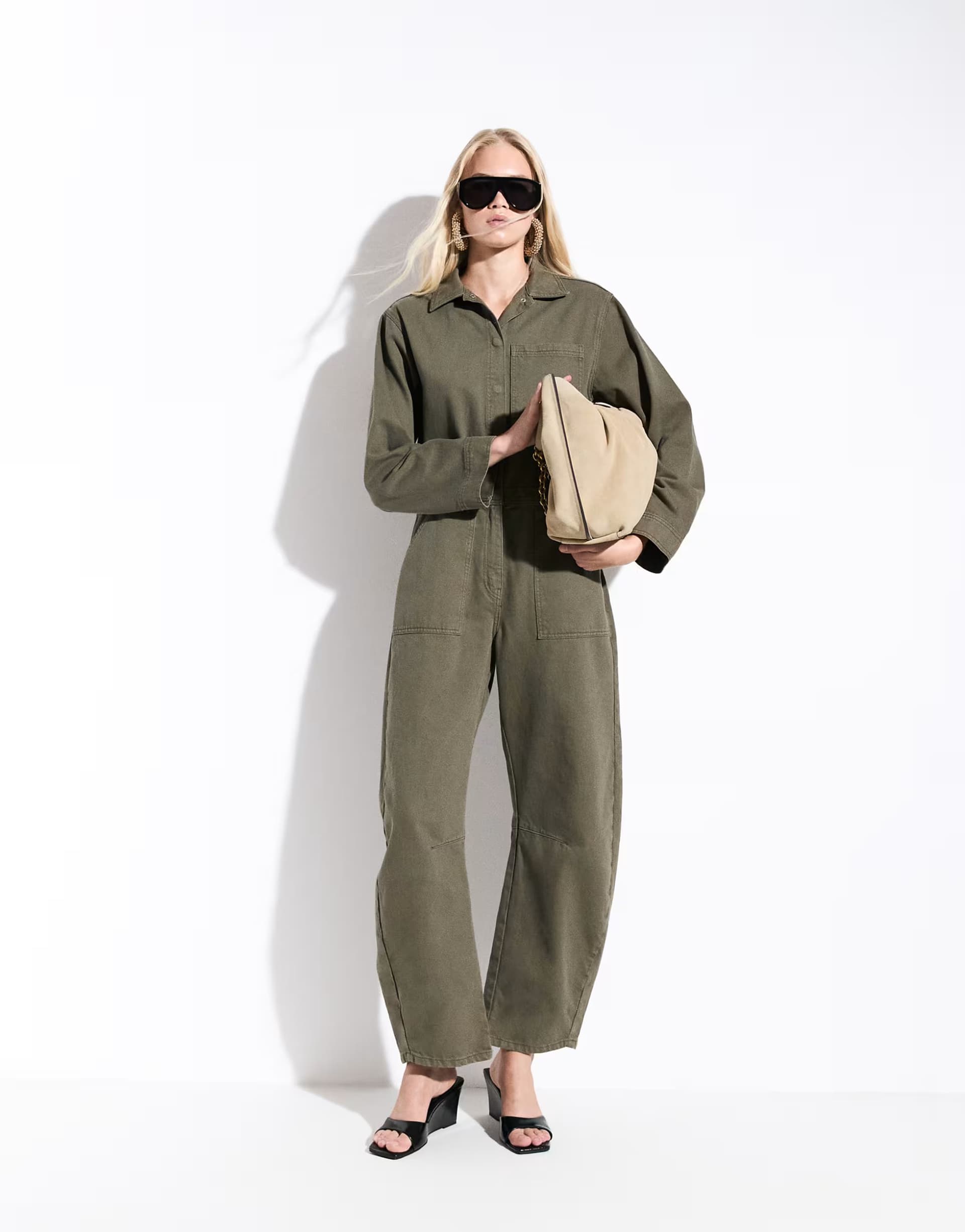 ASOS ASOS DESIGN denim horn leg jumpsuit in khaki