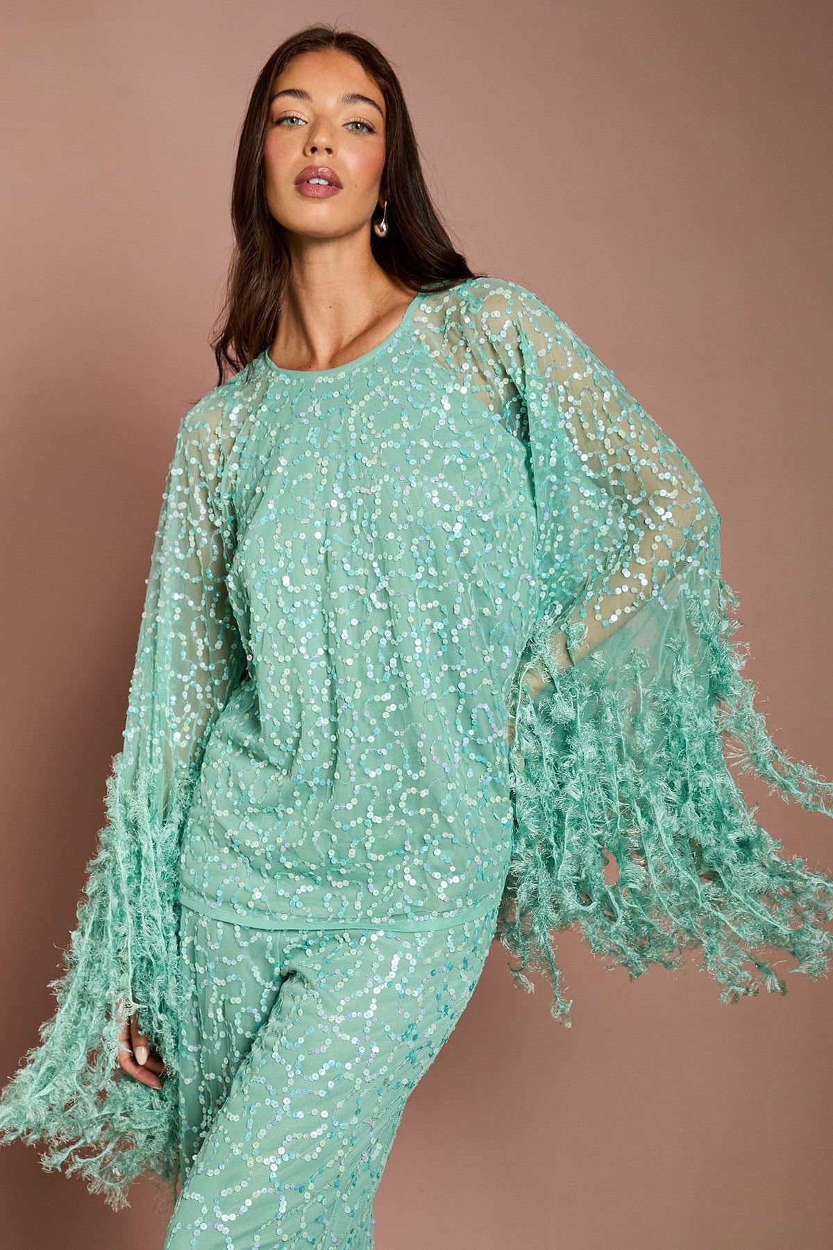 Coast Coast Women's Sequin & Feather Trim Cape Top in Sage