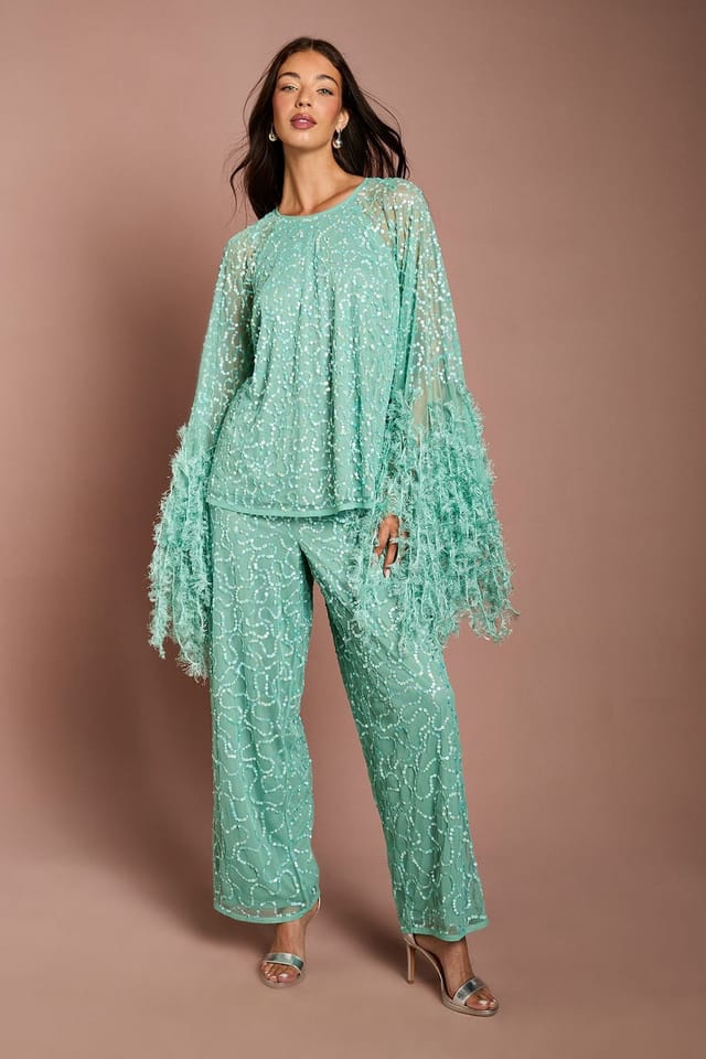 Coast Coast Women's Sequin & Feather Trim Cape Top in Sage - 2