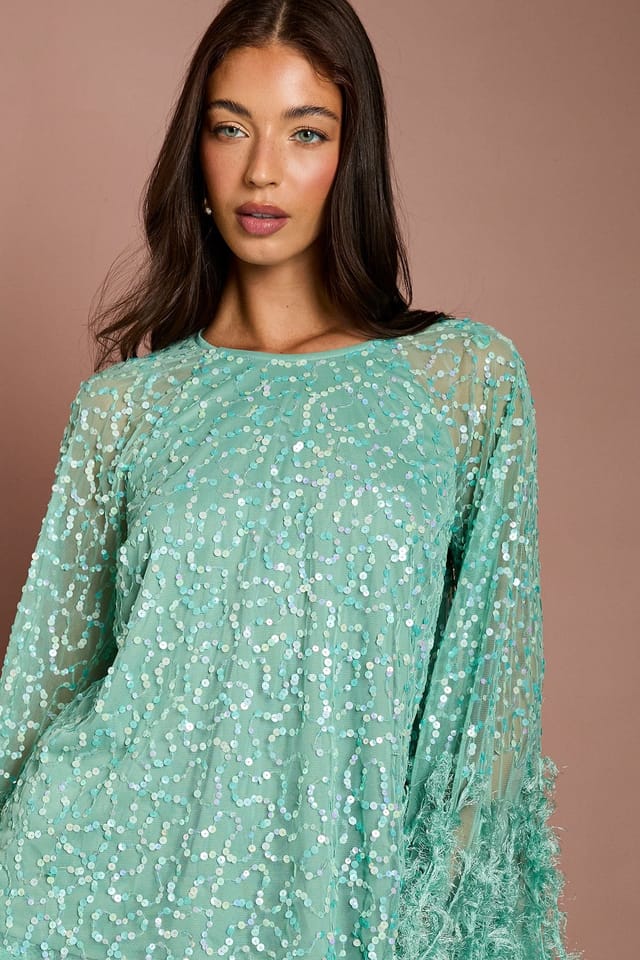 Coast Coast Women's Sequin & Feather Trim Cape Top in Sage - 3