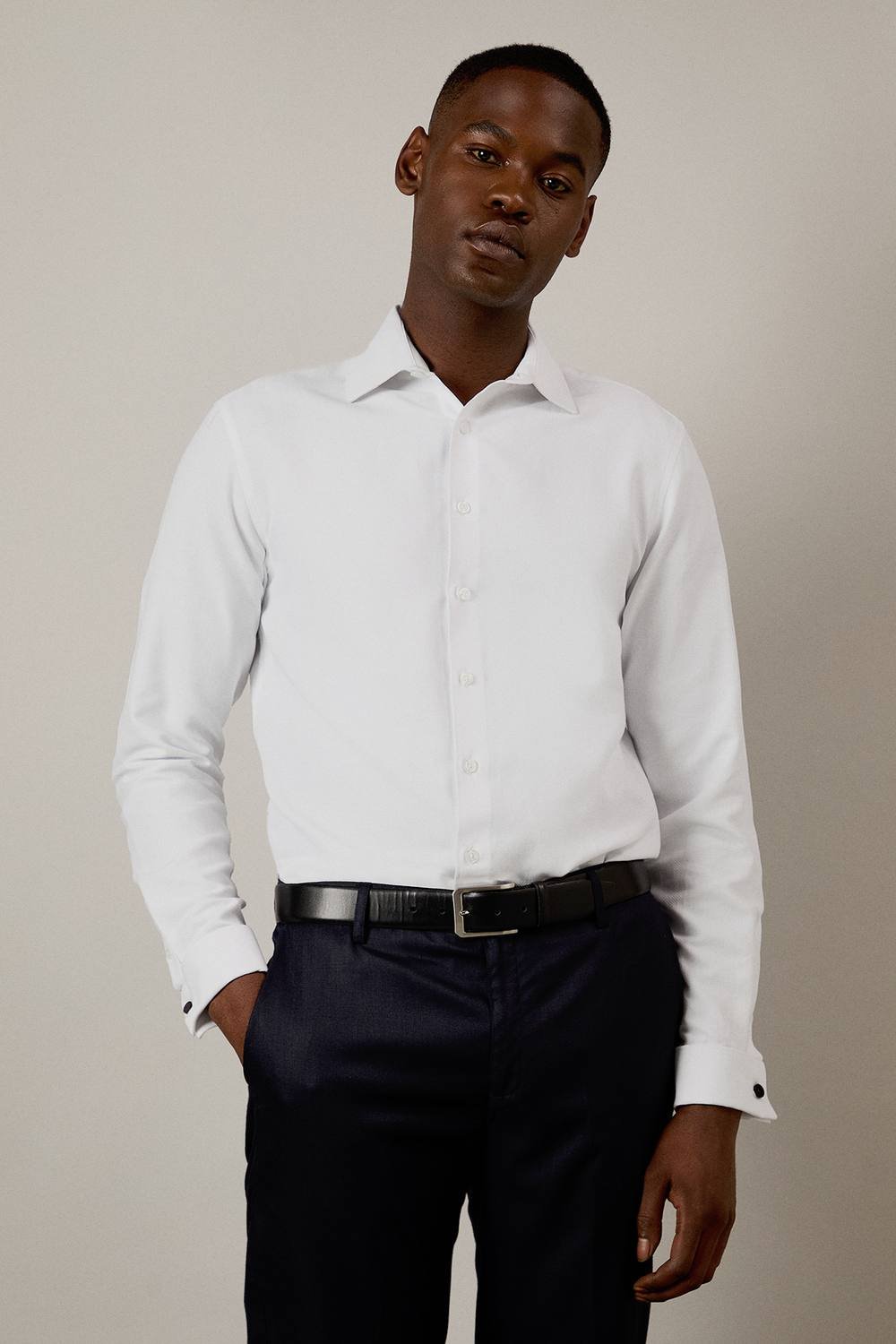 Burton Burton Men's White Textured Double Cuff Tailored Fit Shirt - 3