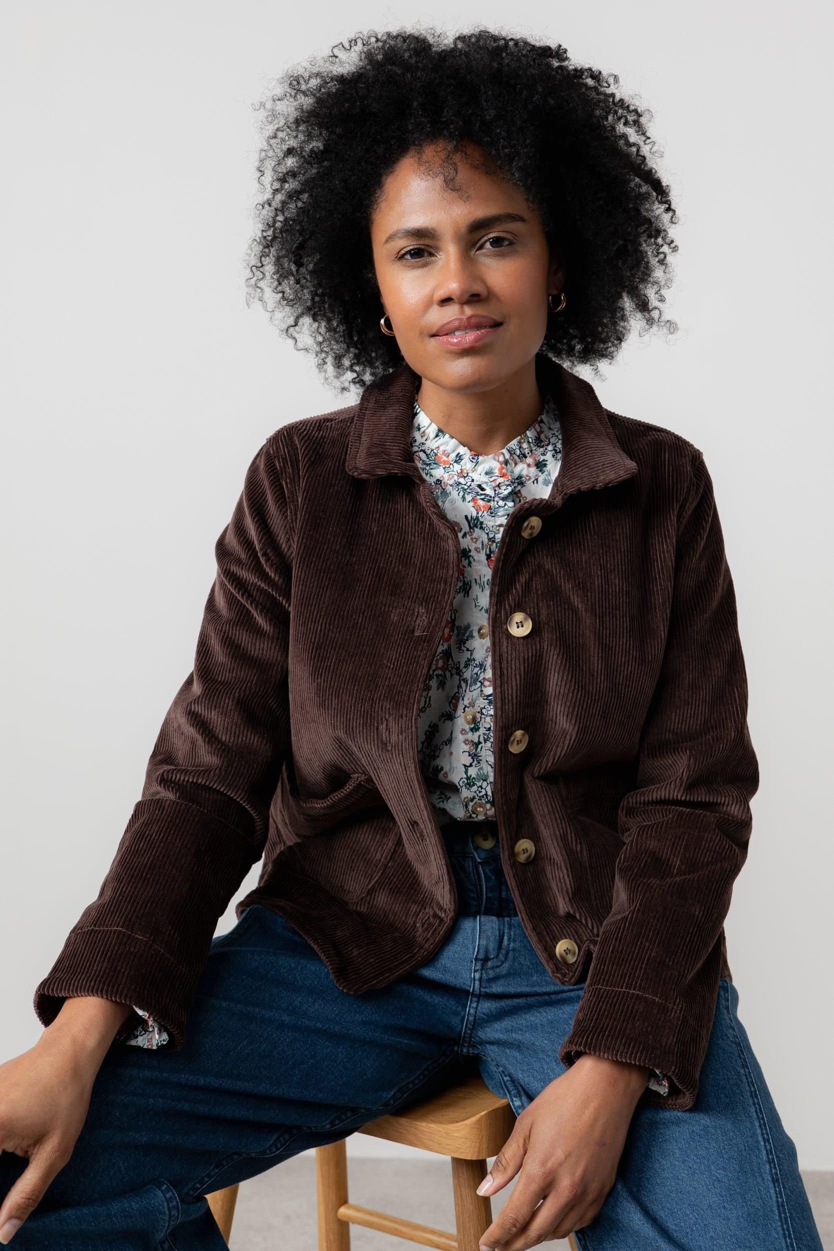 Lily & Me Lily & Me Women's Ash Stretch Cotton Long Sleeve Jumbo Cord Jacket with Printed Lining in Chocolate