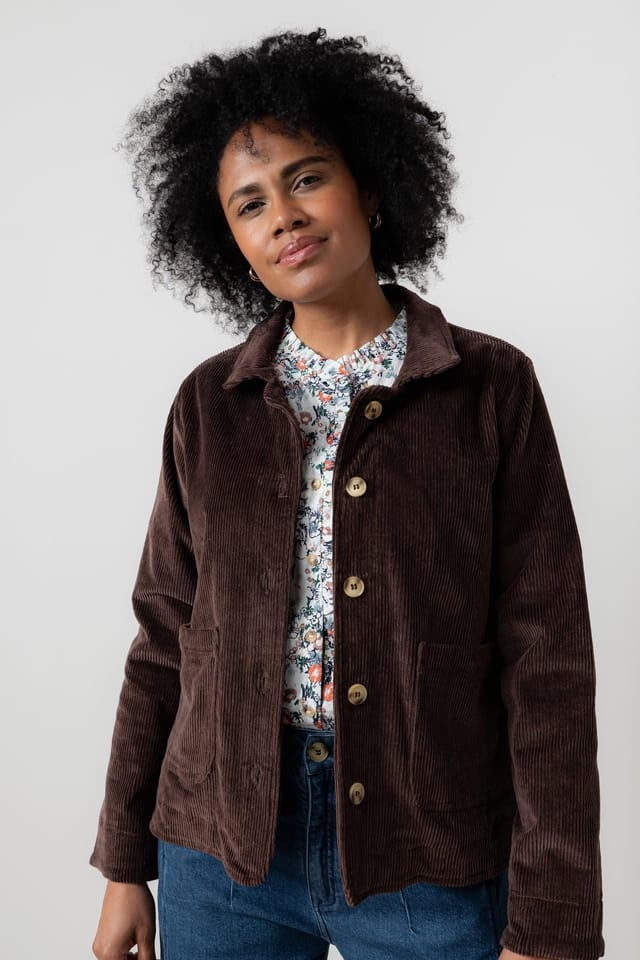 Lily & Me Lily & Me Women's Ash Stretch Cotton Long Sleeve Jumbo Cord Jacket with Printed Lining in Chocolate - 2